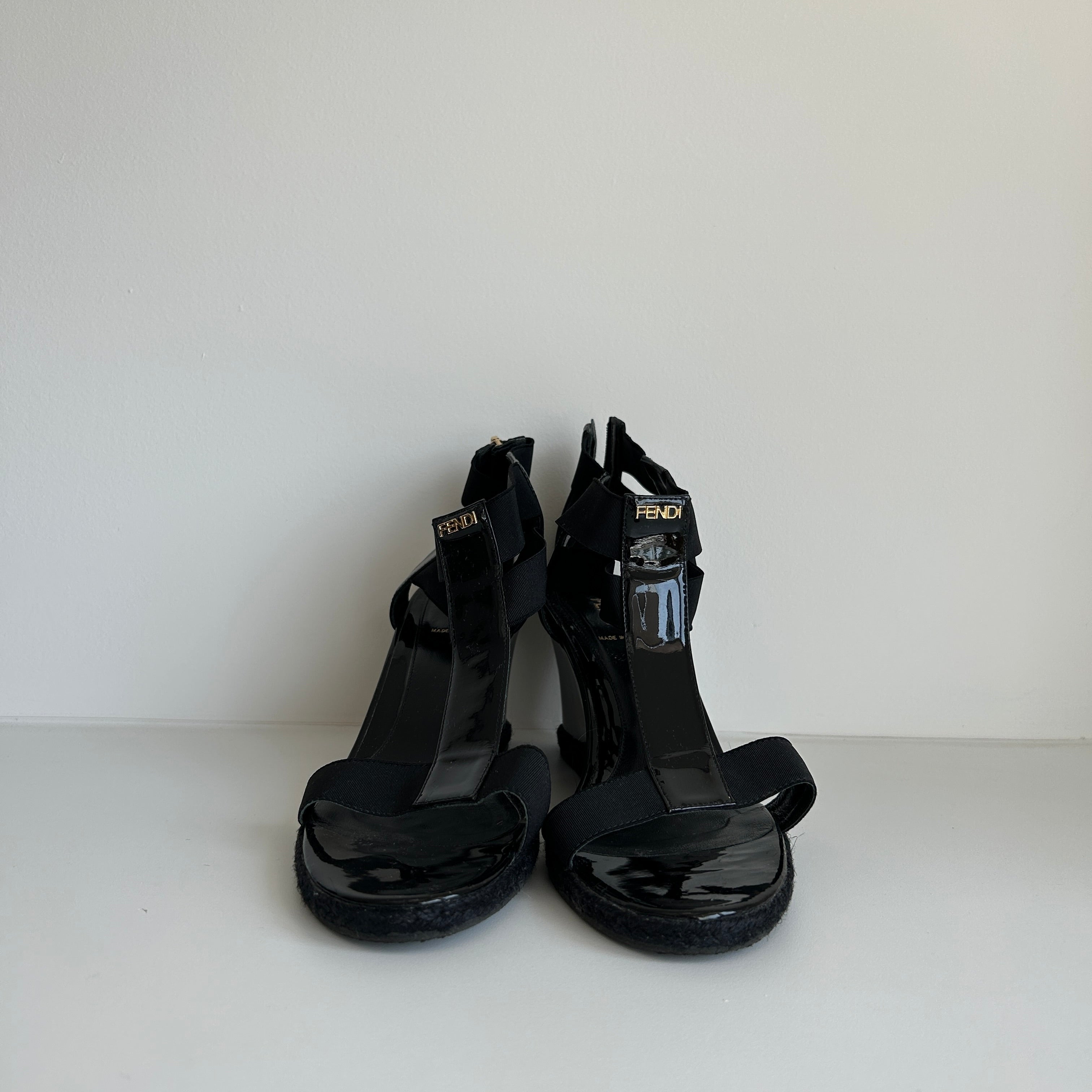 Black Patent Leather and Elastic T-Strap Wedge Sandals