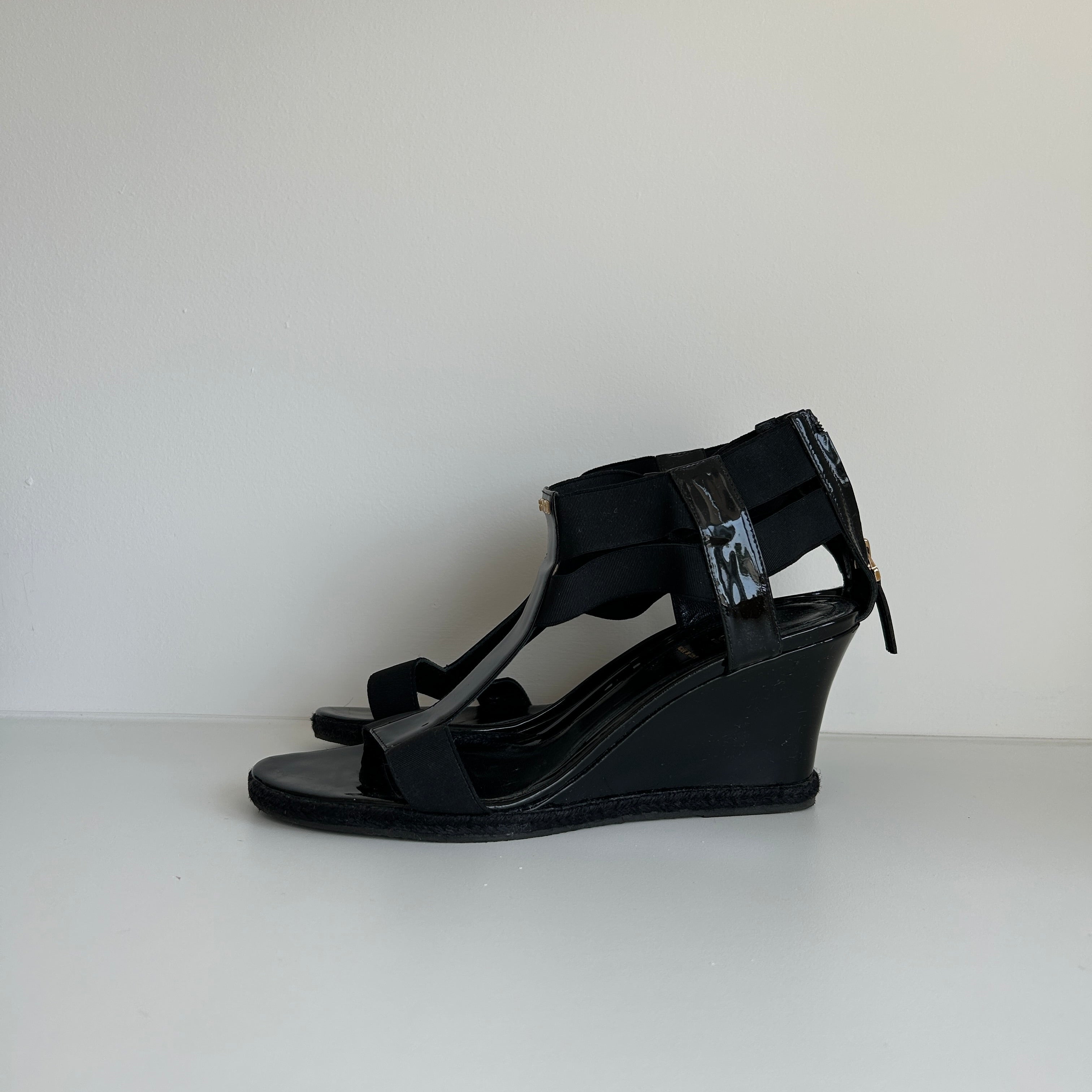 Black Patent Leather and Elastic T-Strap Wedge Sandals