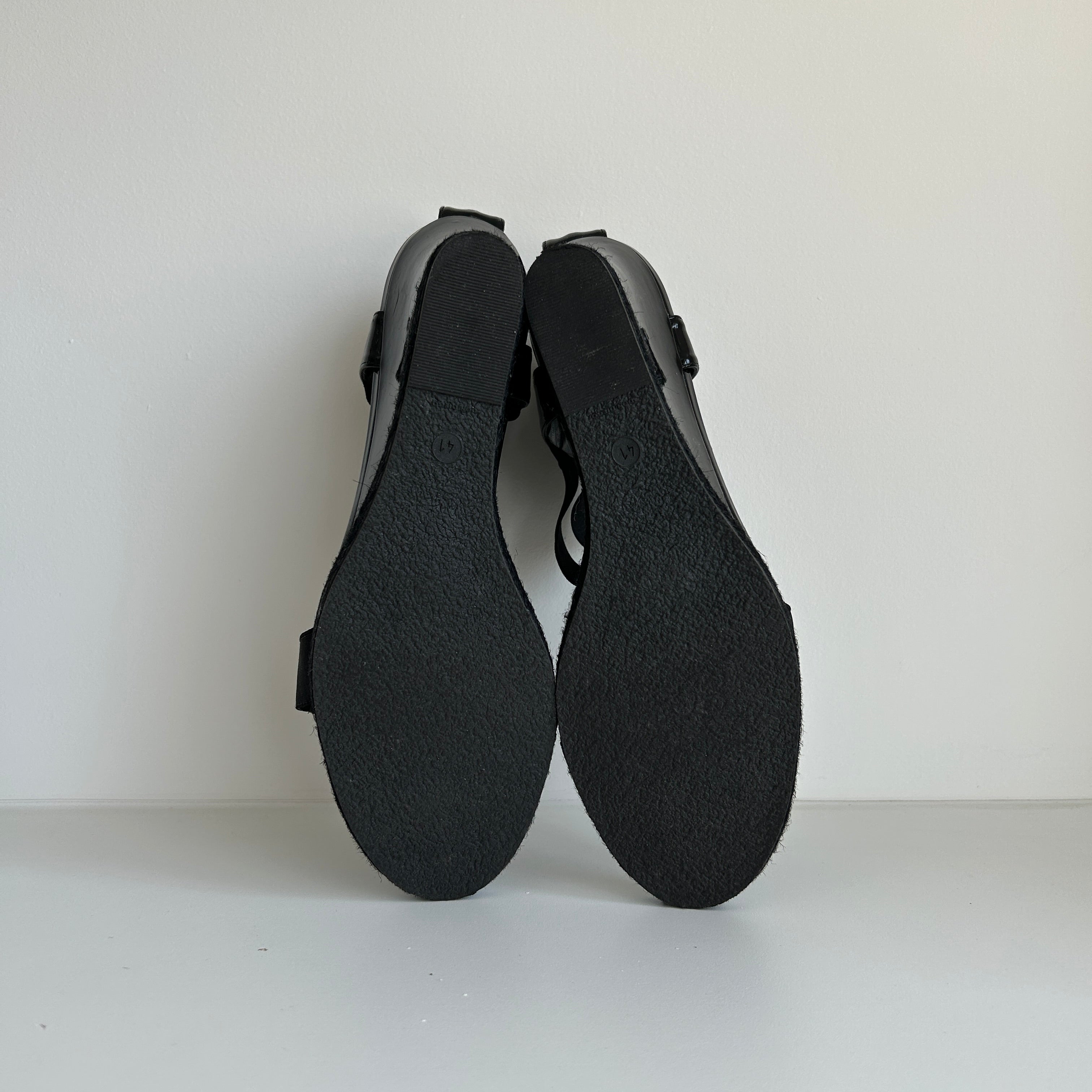 Black Patent Leather and Elastic T-Strap Wedge Sandals