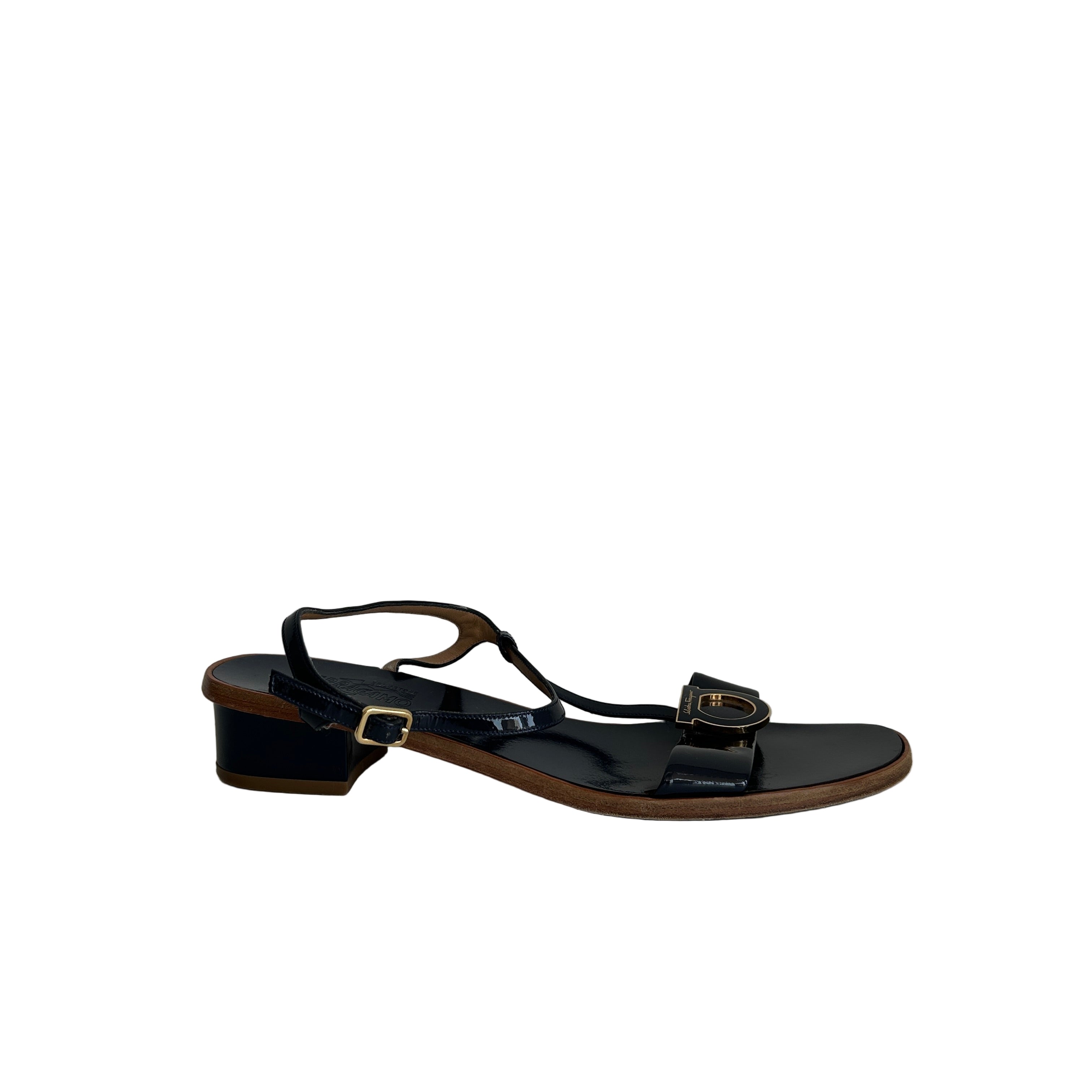 Navy Patent Leather Sling Back Block Heel Sandals