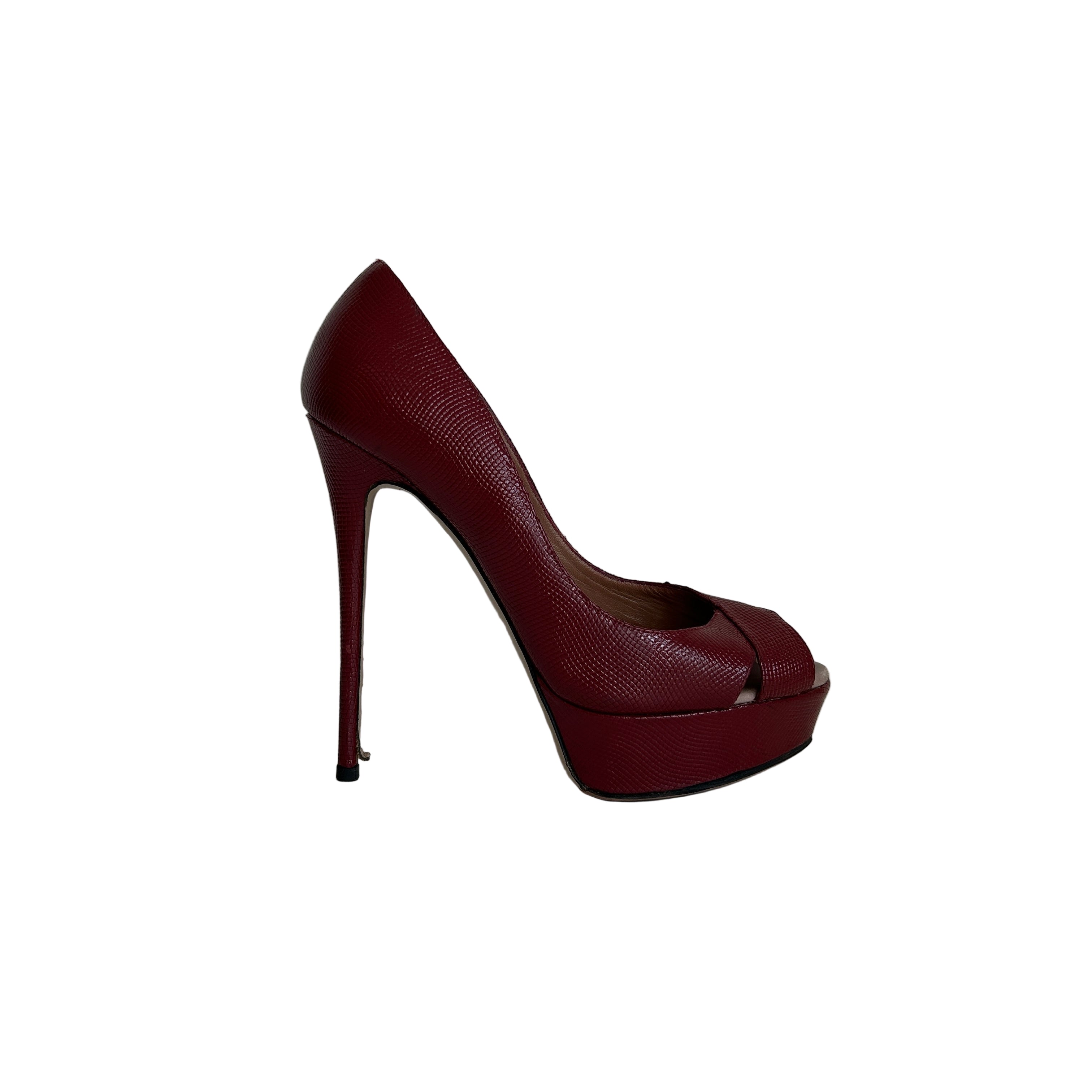 Burgundy Leather Peep Toe Pumps Heels