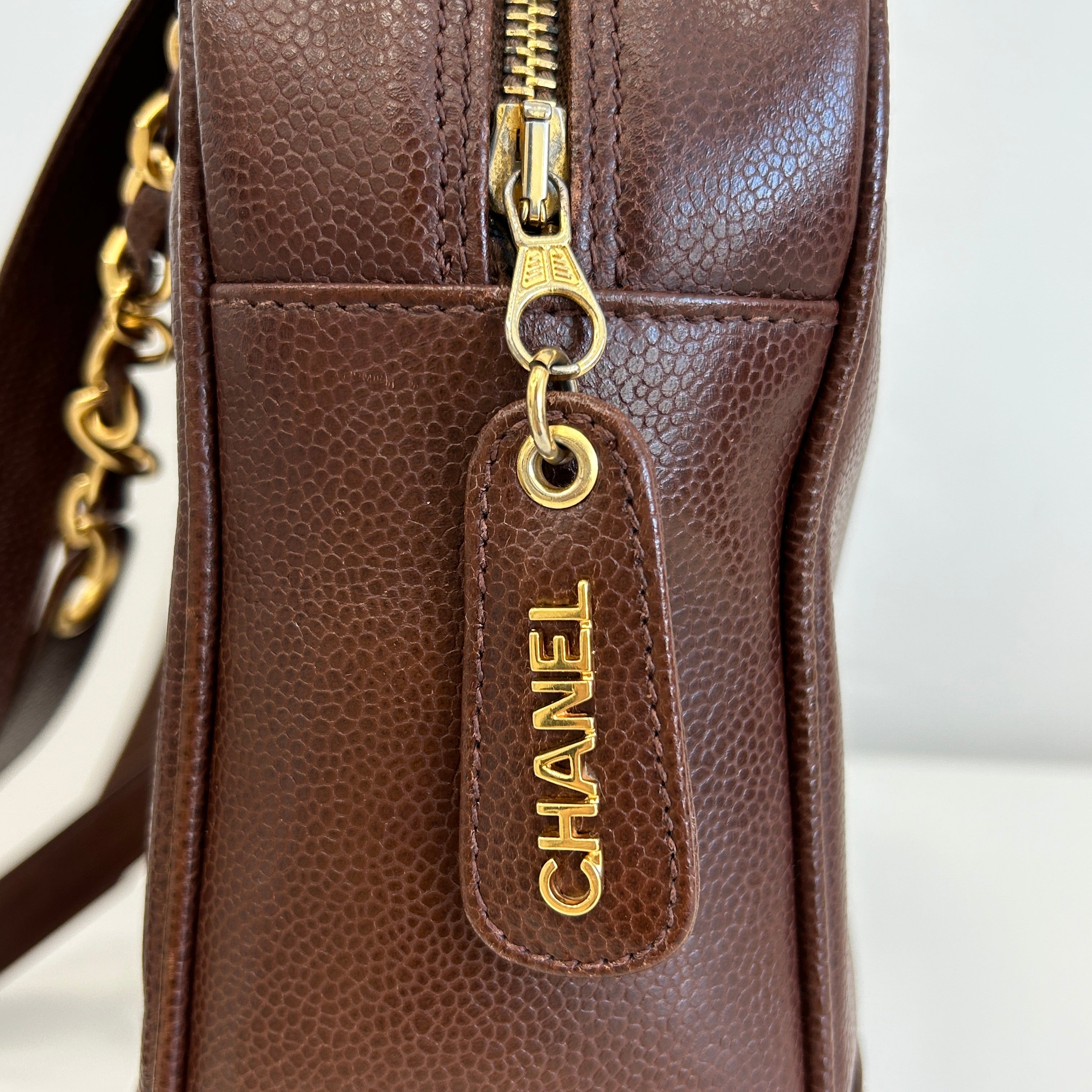 Vintage Brown Caviar Shoulder Bag w/CC Embossed Detail & 24k Plated GHW