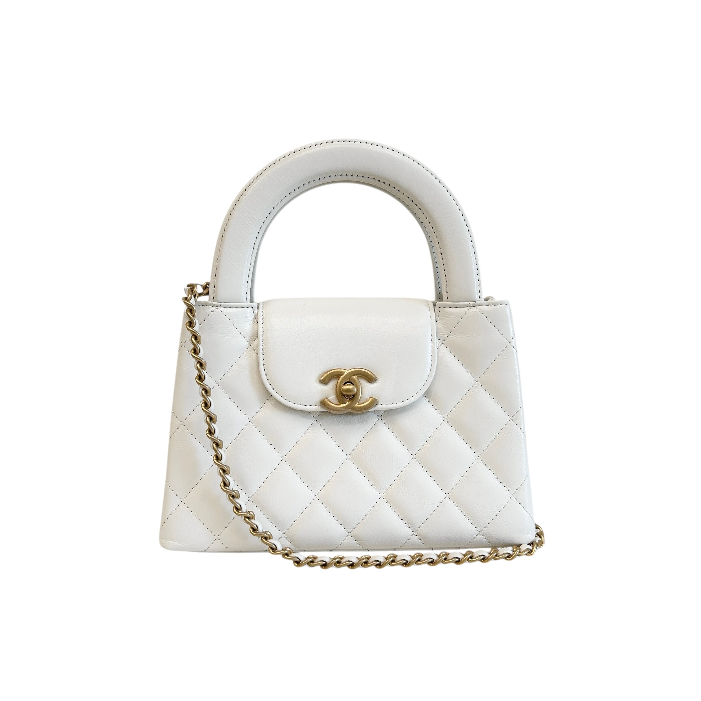 White Quilted Calfskin Leather Kelly Shopper Bag