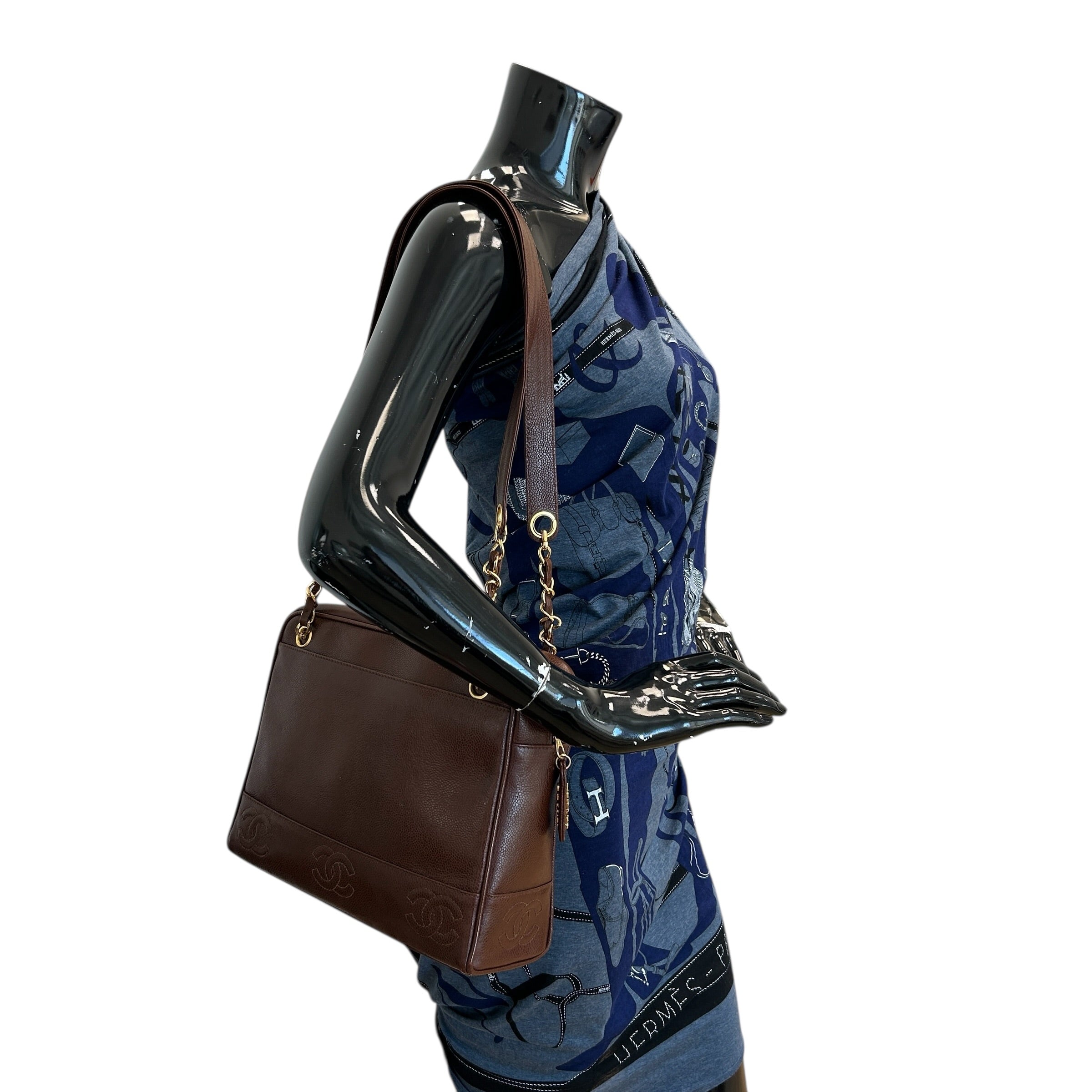 Vintage Brown Caviar Shoulder Bag w/CC Embossed Detail & 24k Plated GHW