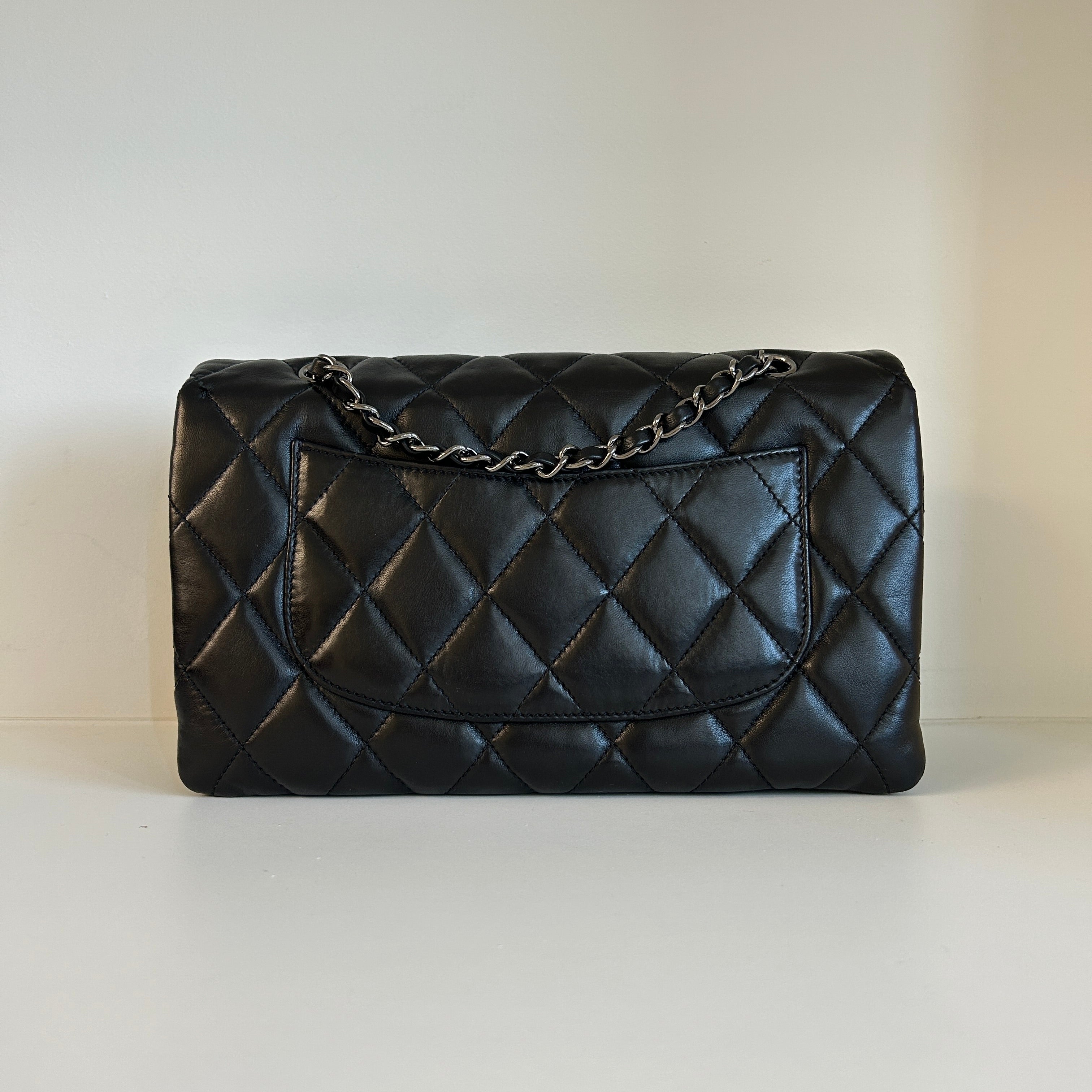 Black Lambskin Quilted 3 Large Accordion Flap Bag w/SHW