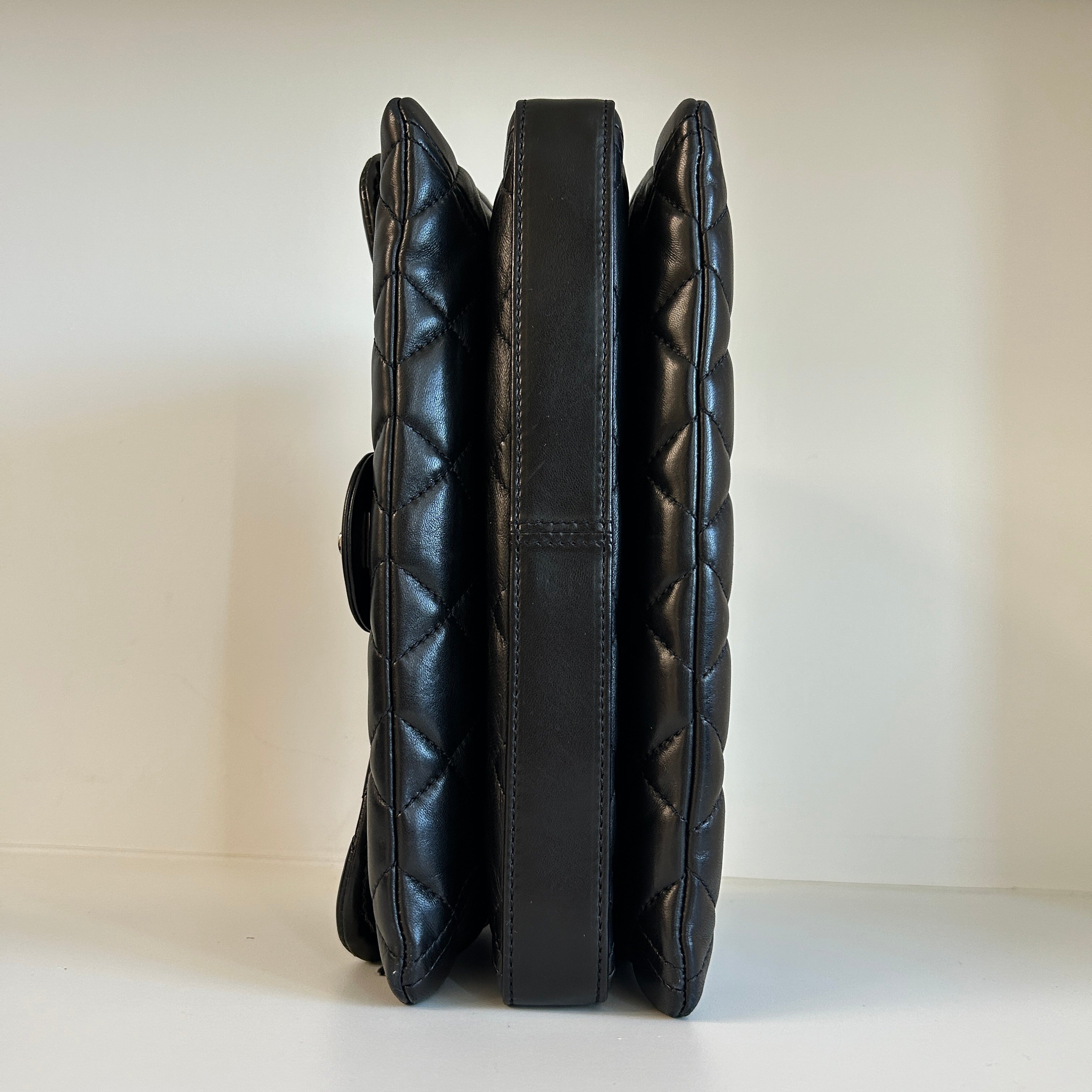 Black Lambskin Quilted 3 Large Accordion Flap Bag w/SHW