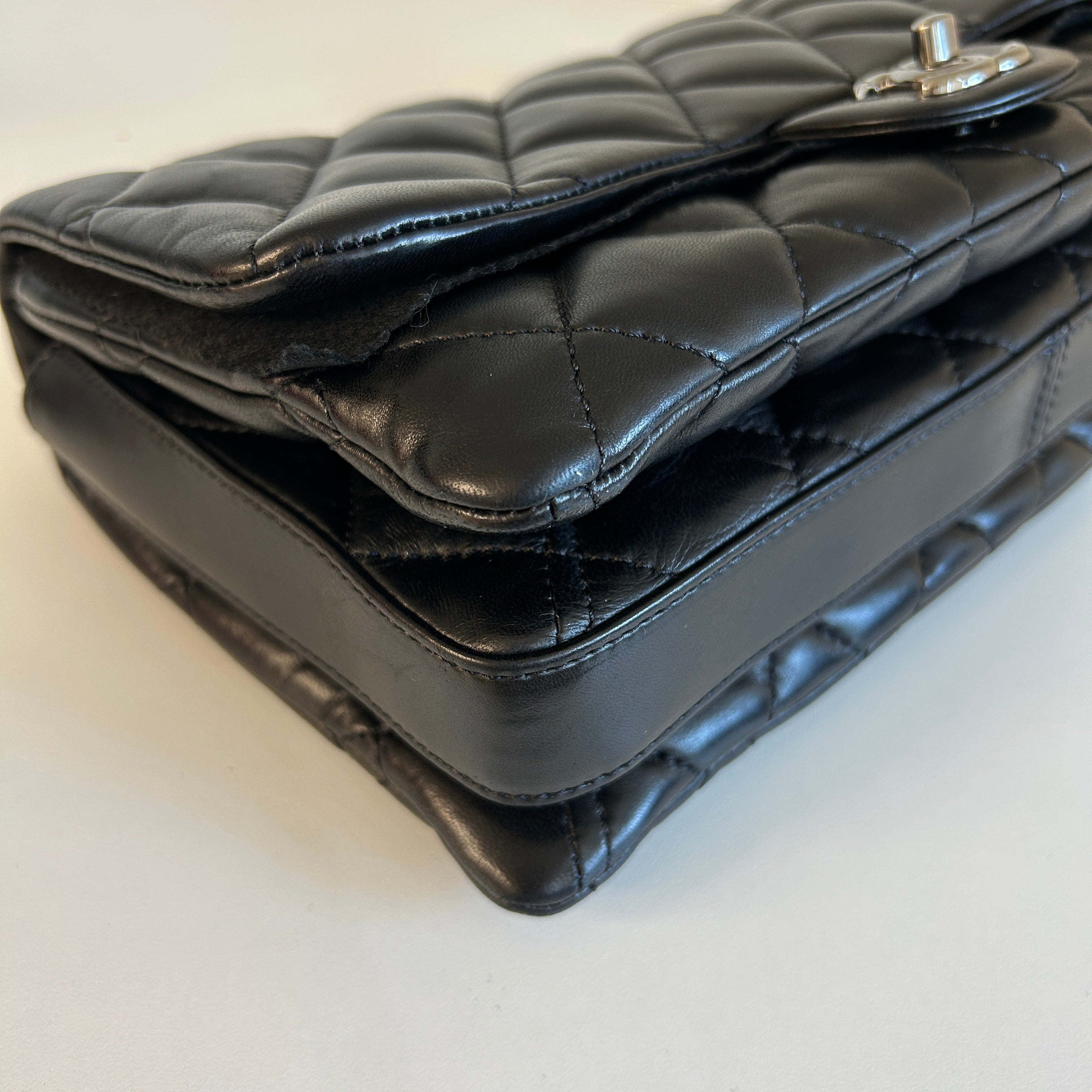 Black Lambskin Quilted 3 Large Accordion Flap Bag w/SHW