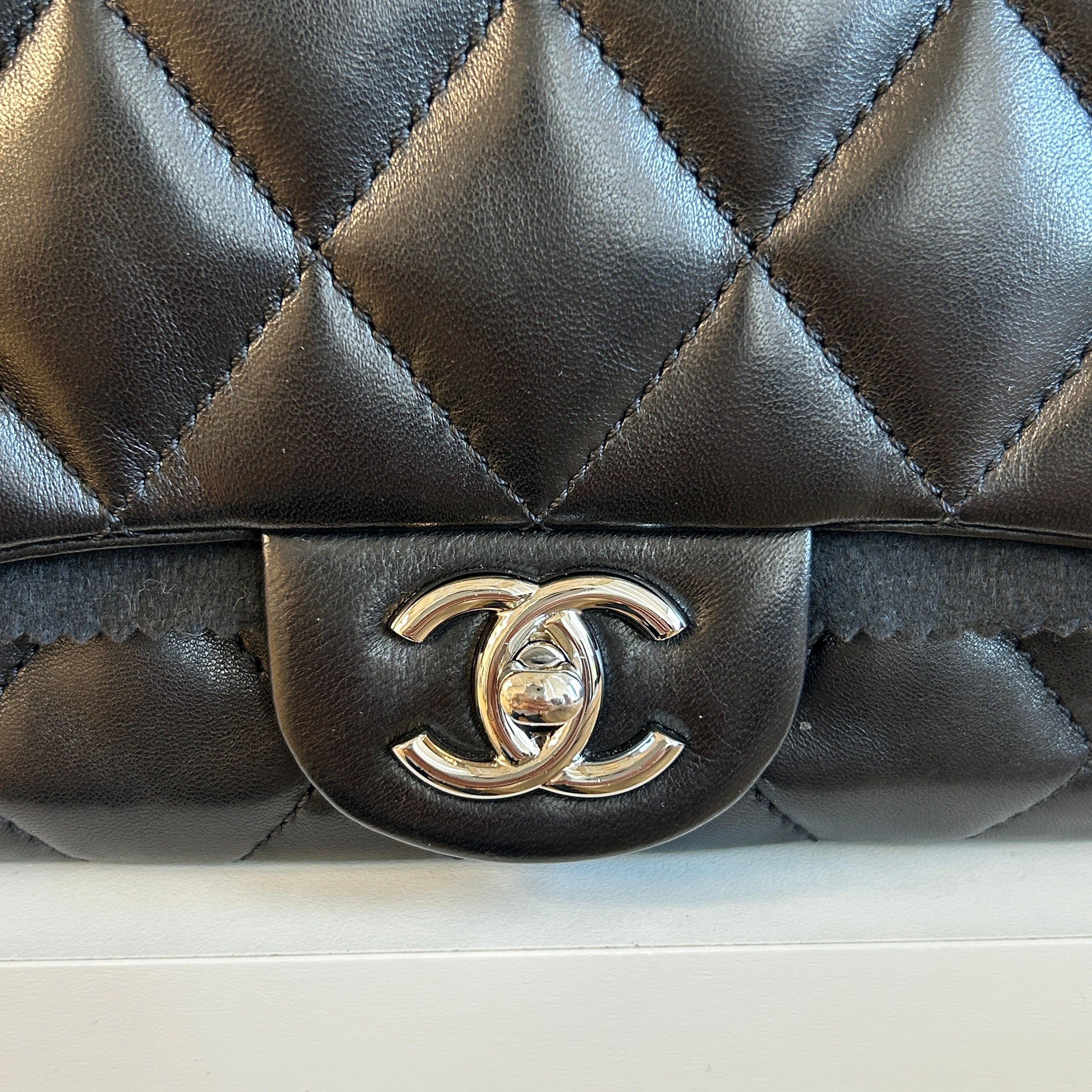 Black Lambskin Quilted 3 Large Accordion Flap Bag w/SHW