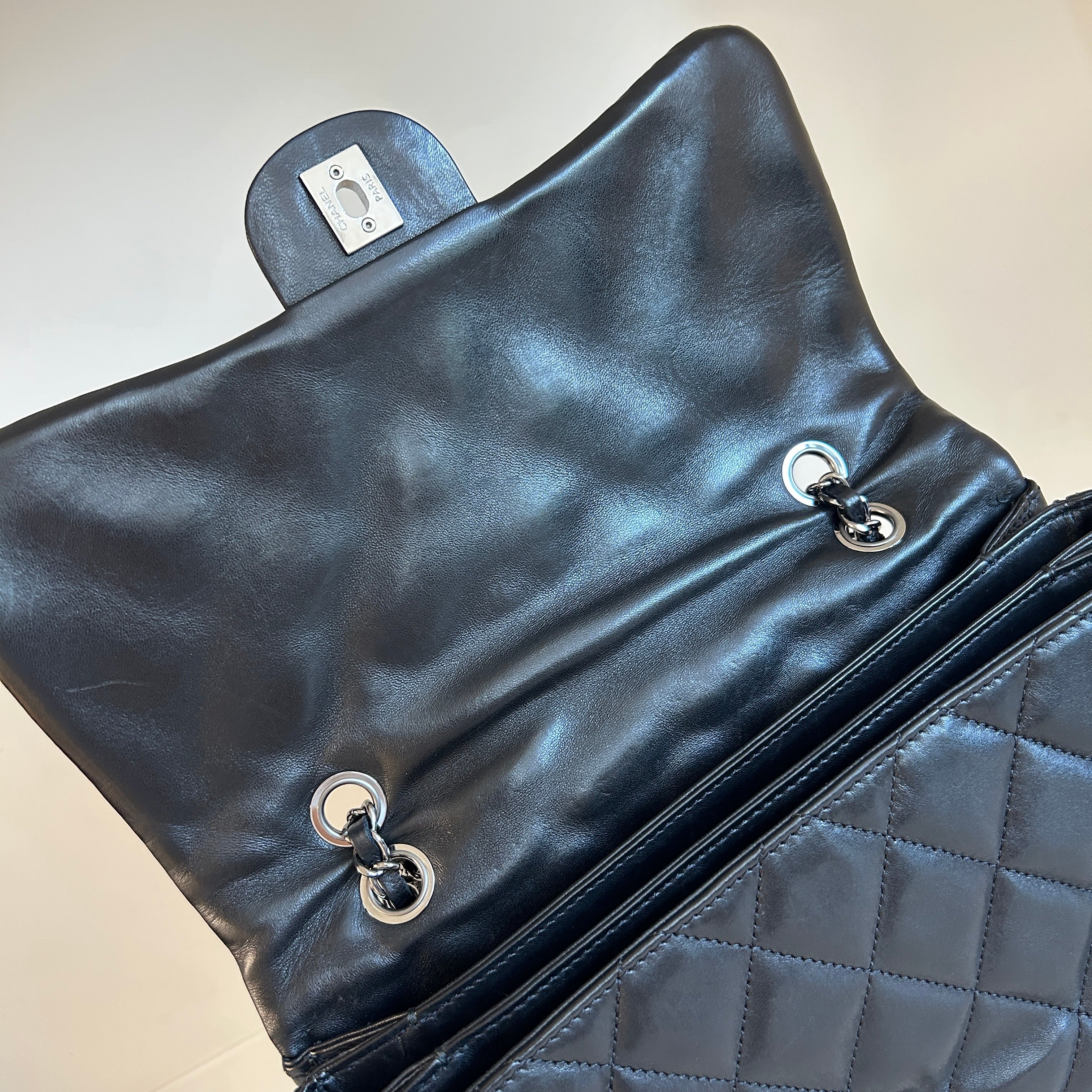 Black Lambskin Quilted 3 Large Accordion Flap Bag w/SHW