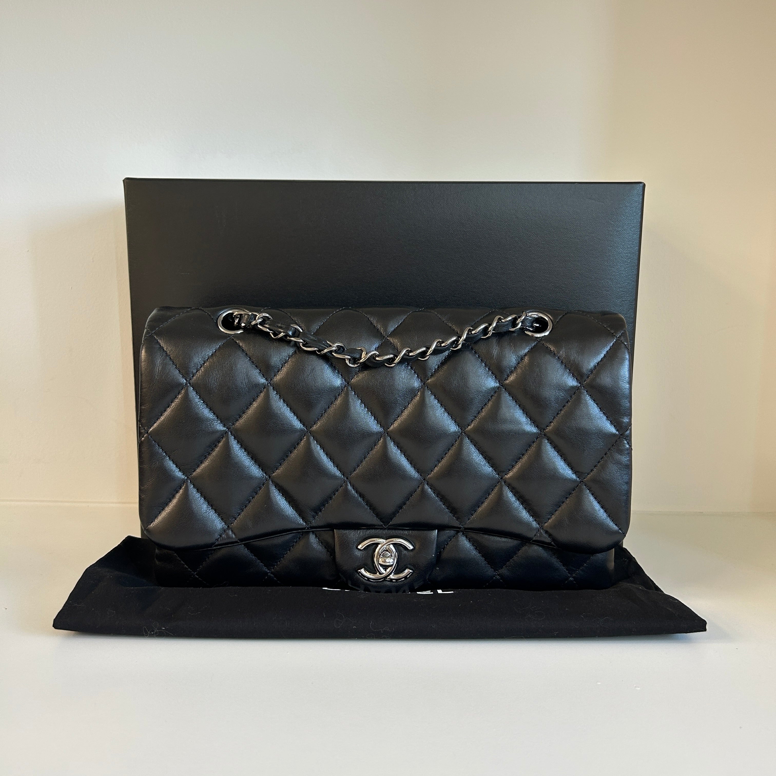 Black Lambskin Quilted 3 Large Accordion Flap Bag w/SHW