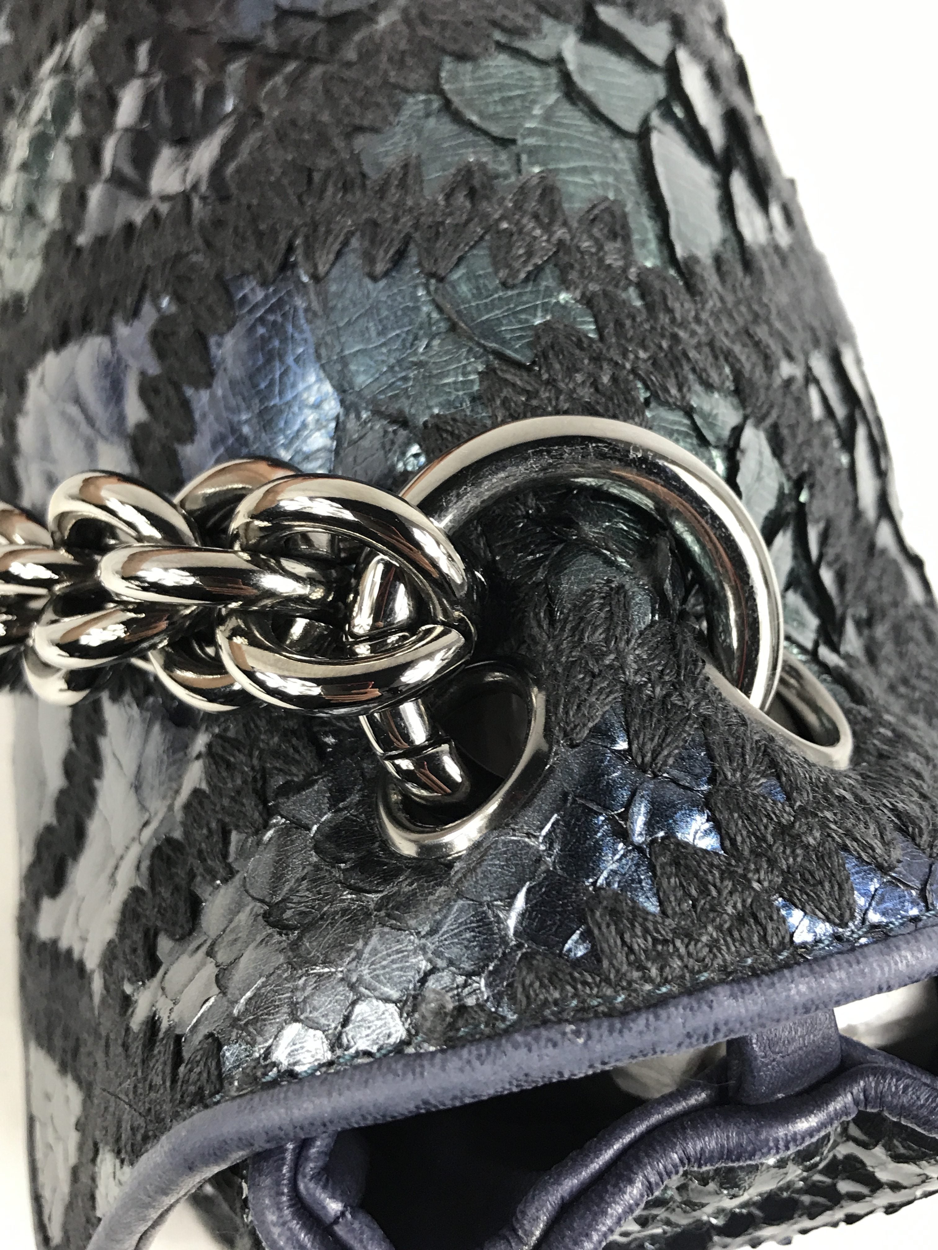 Blue Iridescent Python Quilted Maxi Flap Bag w/SHW Thick Chain Links