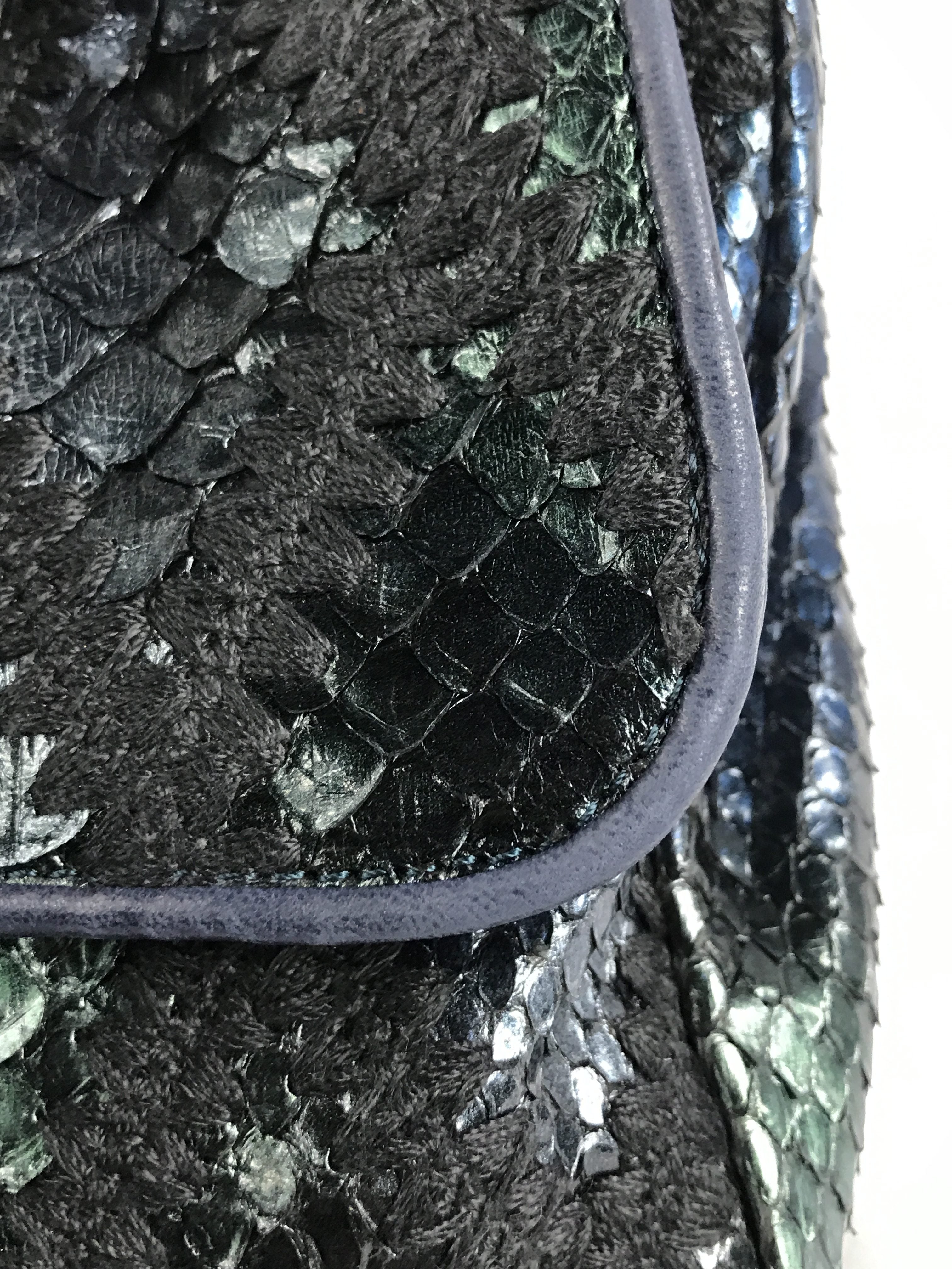 Blue Iridescent Python Quilted Maxi Flap Bag w/SHW Thick Chain Links