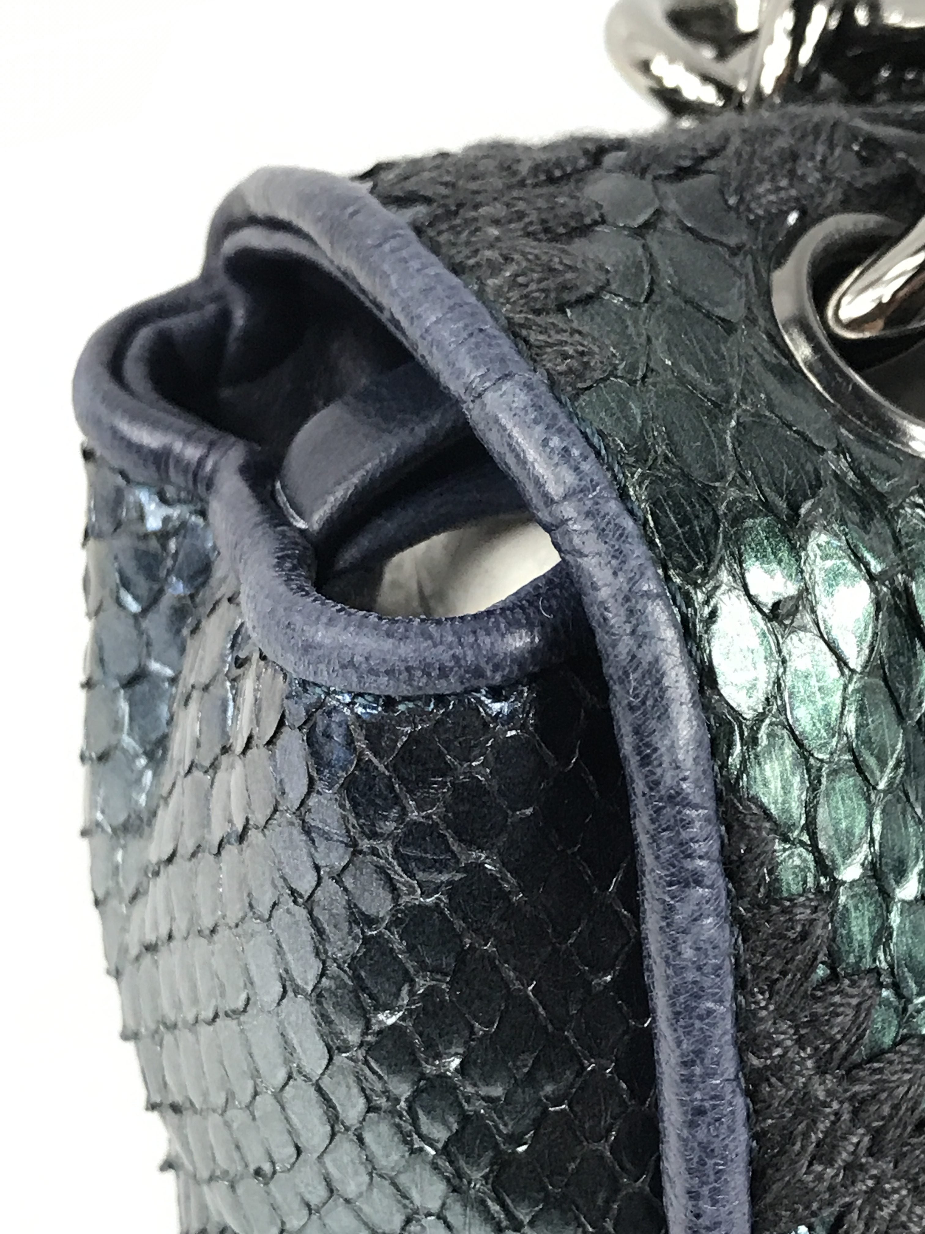 Blue Iridescent Python Quilted Maxi Flap Bag w/SHW Thick Chain Links