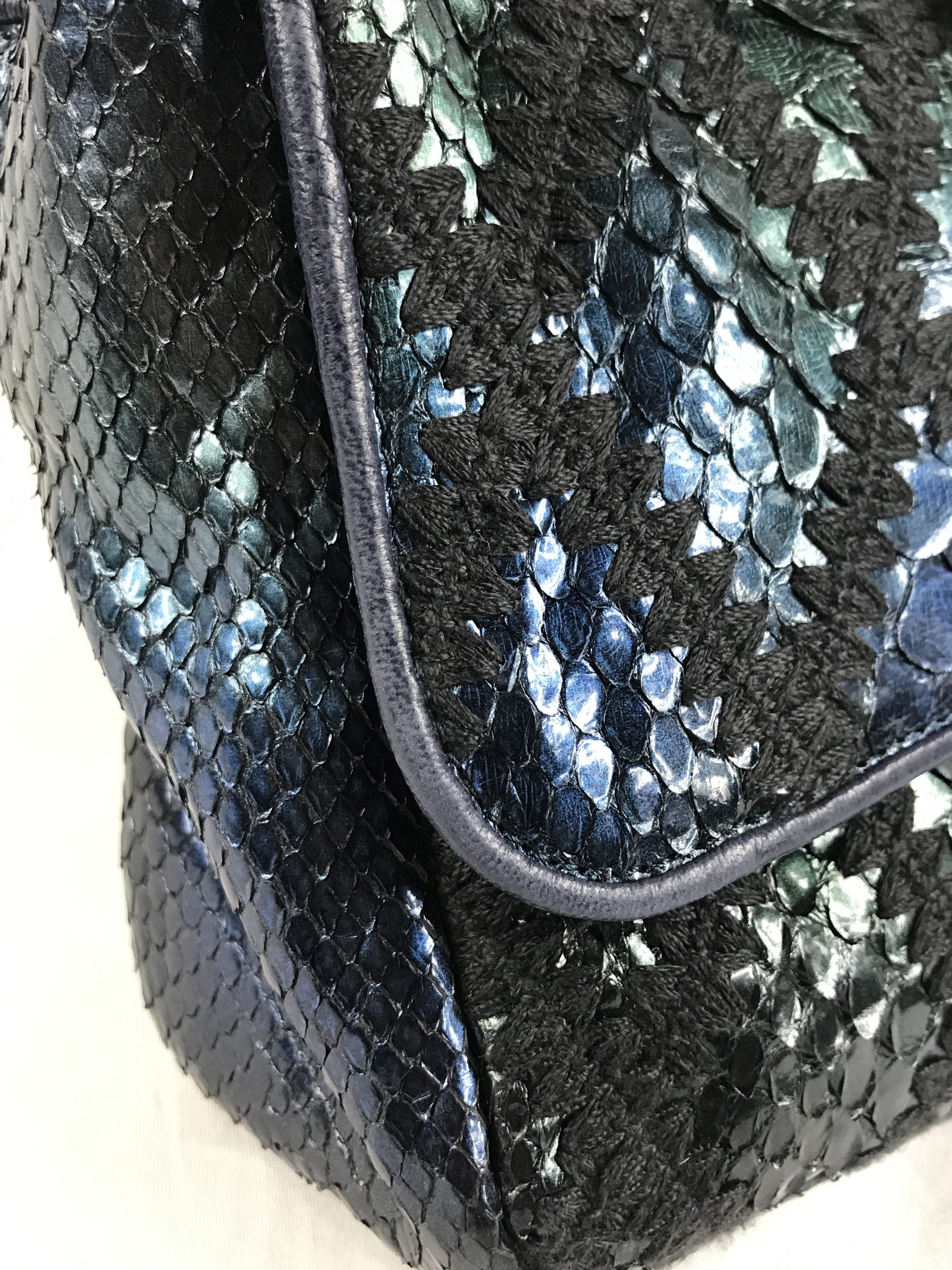 Blue Iridescent Python Quilted Maxi Flap Bag w/SHW Thick Chain Links