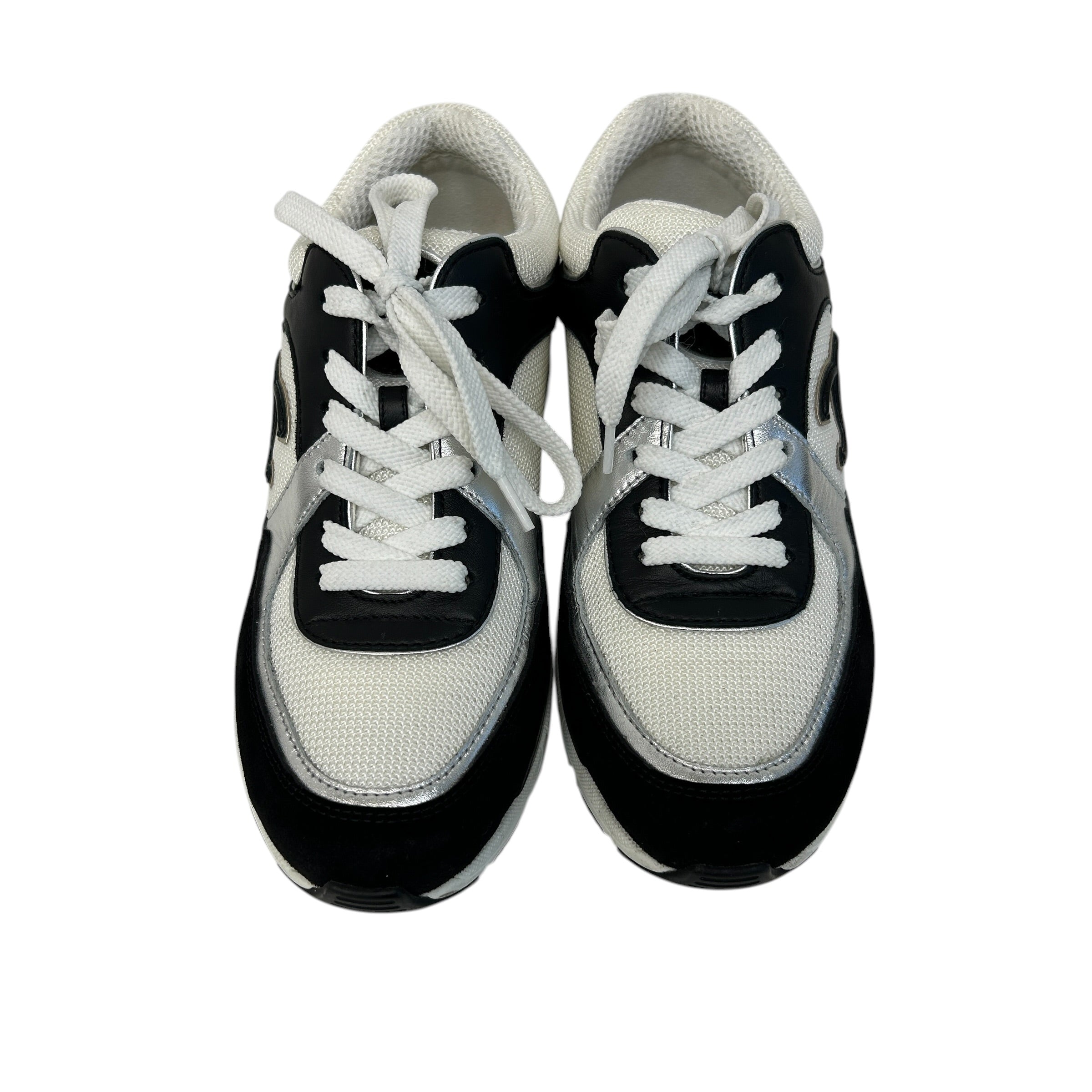White/Silver/Black Mesh Suede Calfskin CC Sneakers - Haute Classics