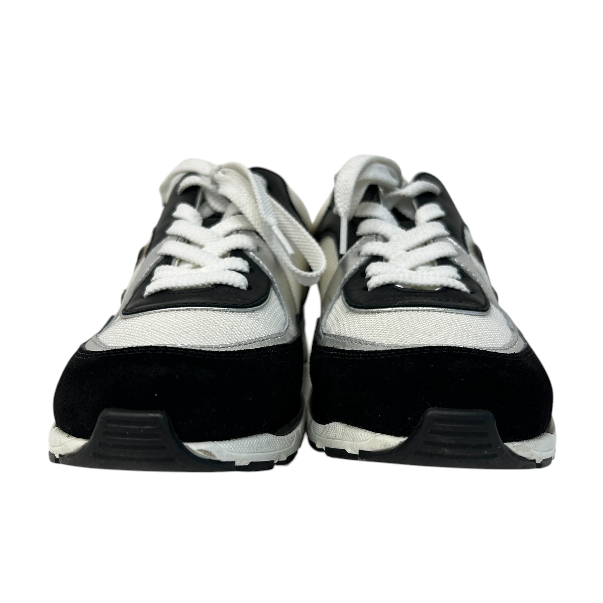 White/Silver/Black Mesh Suede Calfskin CC Sneakers - Haute Classics