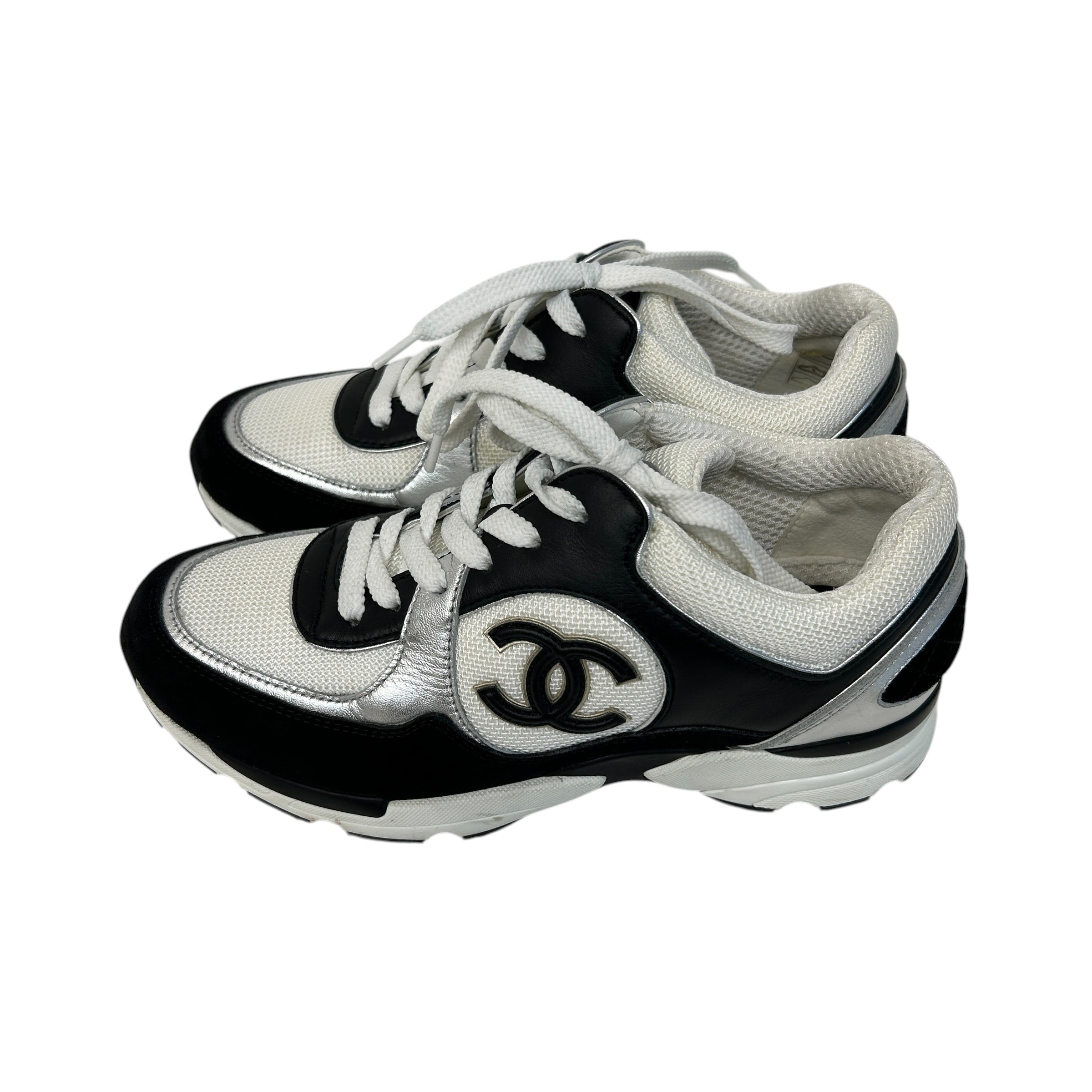 White/Silver/Black Mesh Suede Calfskin CC Sneakers - Haute Classics