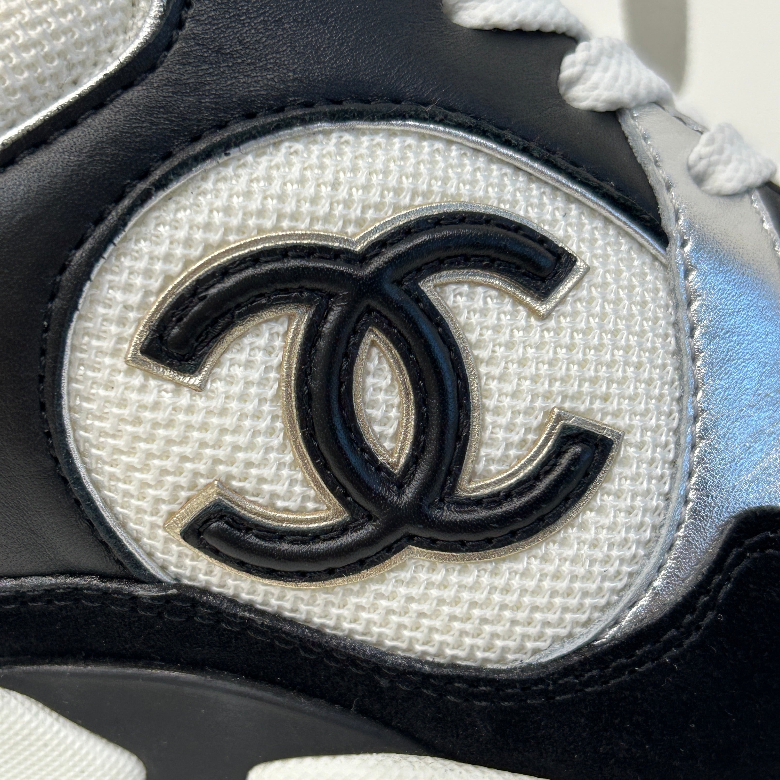 White/Silver/Black Mesh Suede Calfskin CC Sneakers - Haute Classics