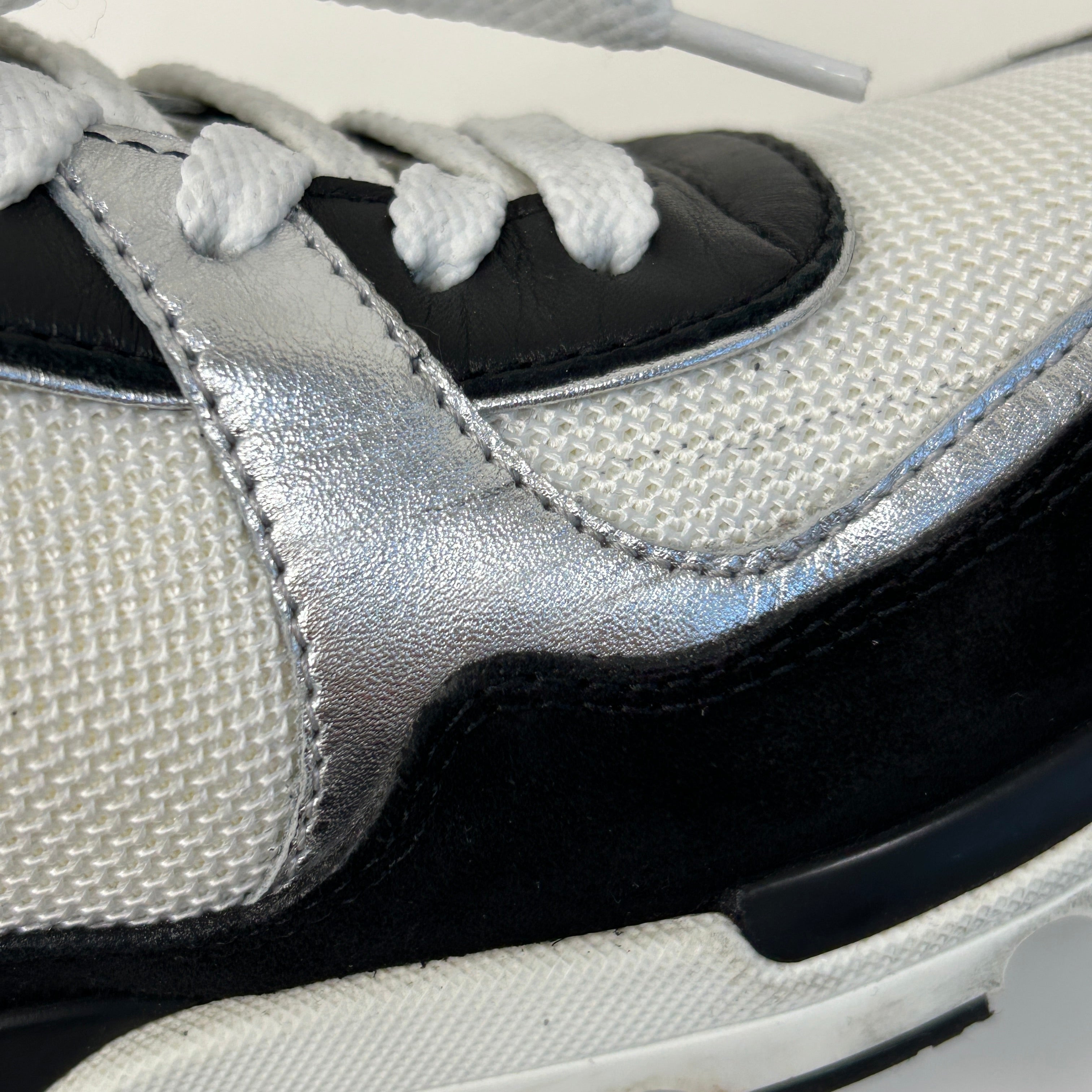 White/Silver/Black Mesh Suede Calfskin CC Sneakers - Haute Classics
