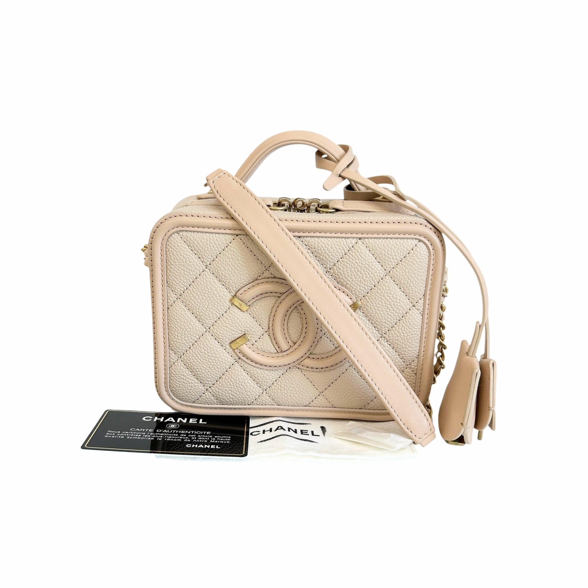 Beige Caviar Quilted Leather Filigree Small Vanity Case Bag - Haute Classics