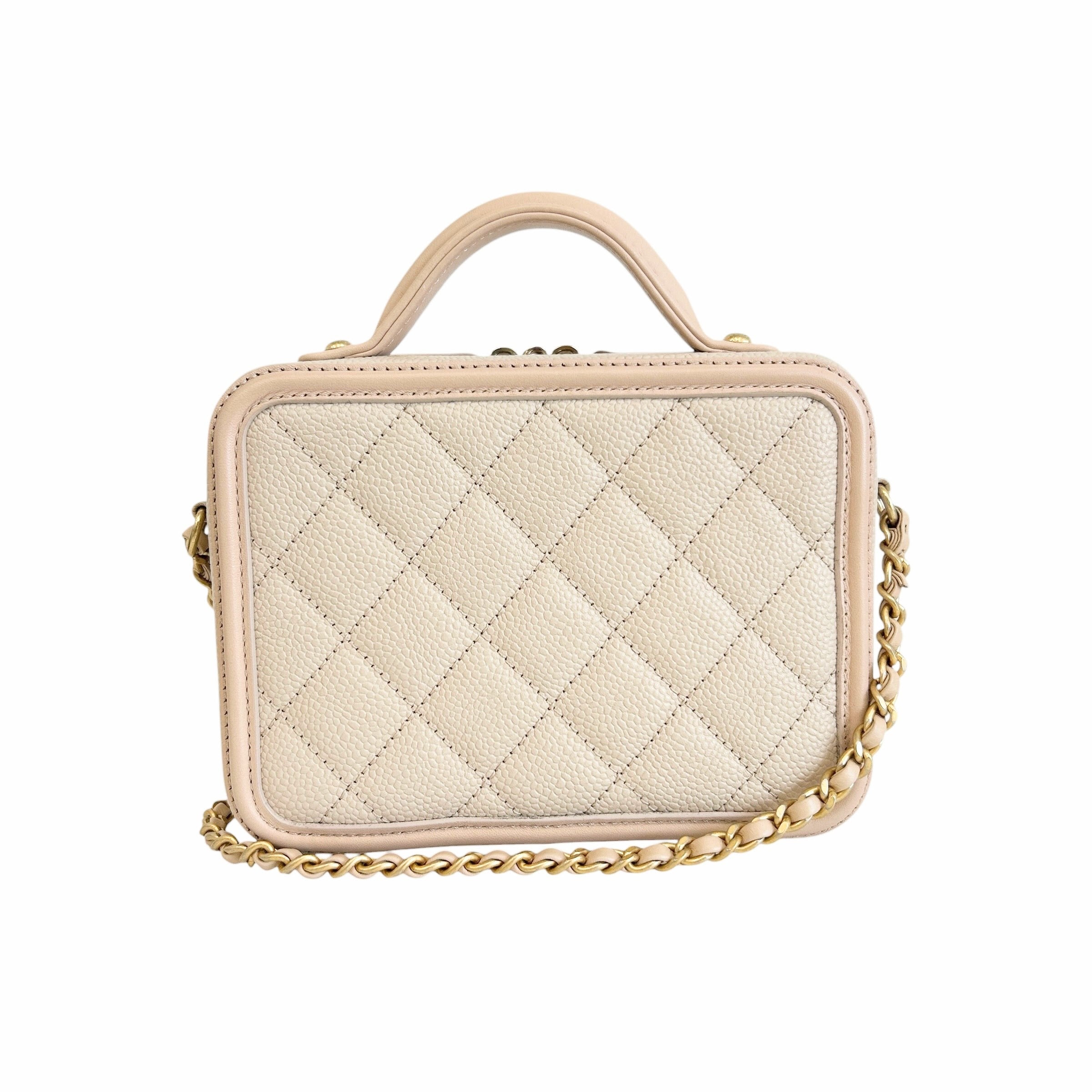Beige Caviar Quilted Leather Filigree Small Vanity Case Bag - Haute Classics