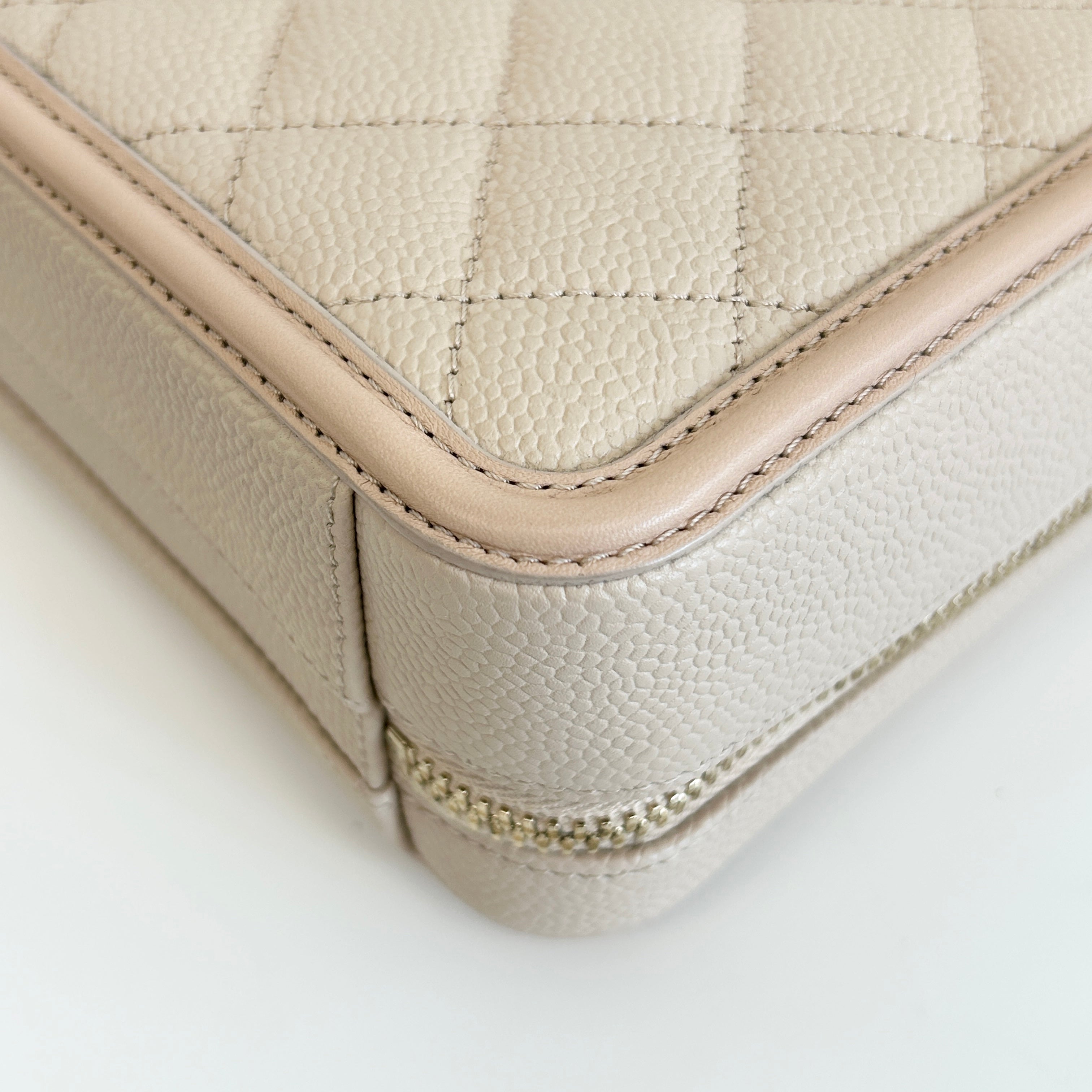 Beige Caviar Quilted Leather Filigree Small Vanity Case Bag - Haute Classics