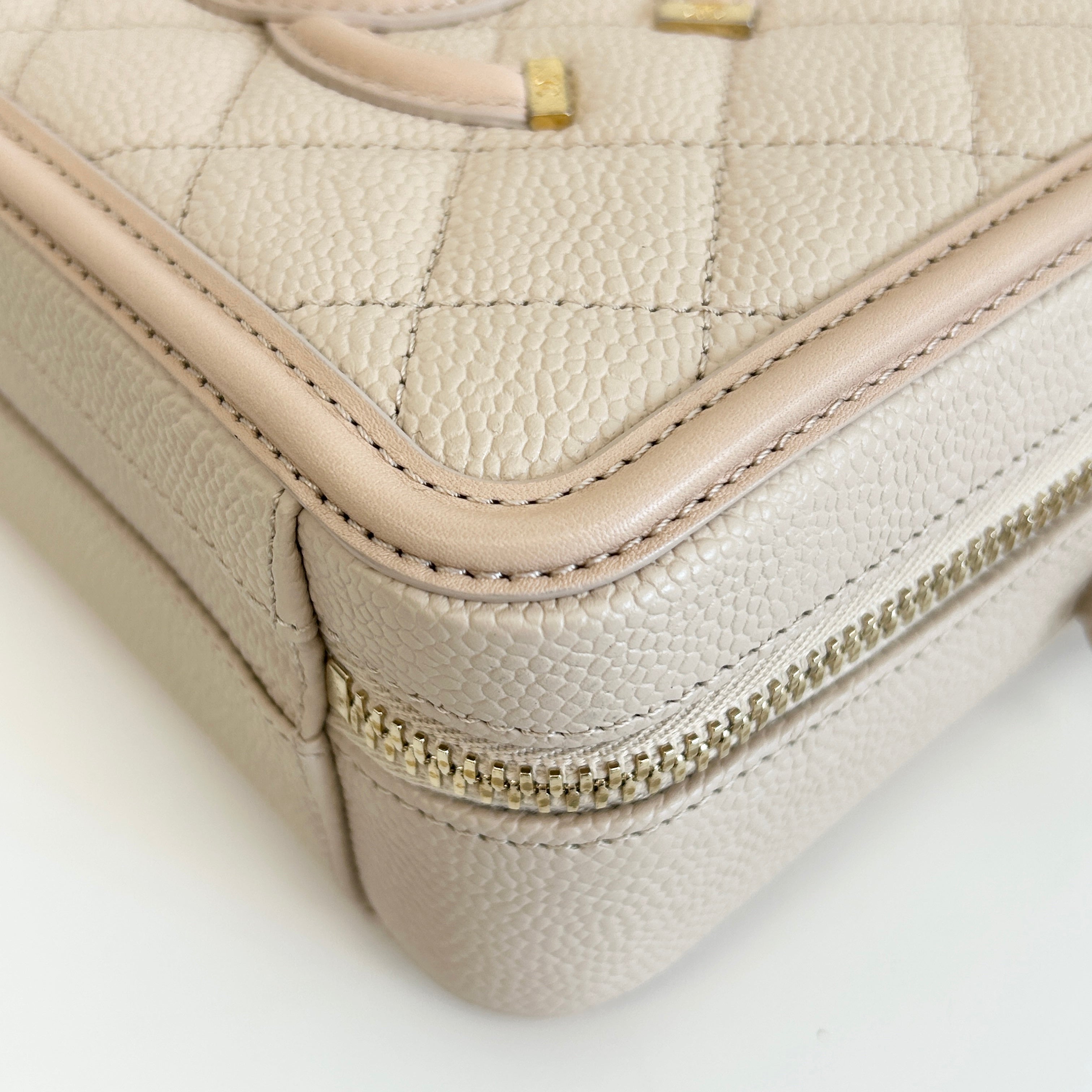 Beige Caviar Quilted Leather Filigree Small Vanity Case Bag - Haute Classics