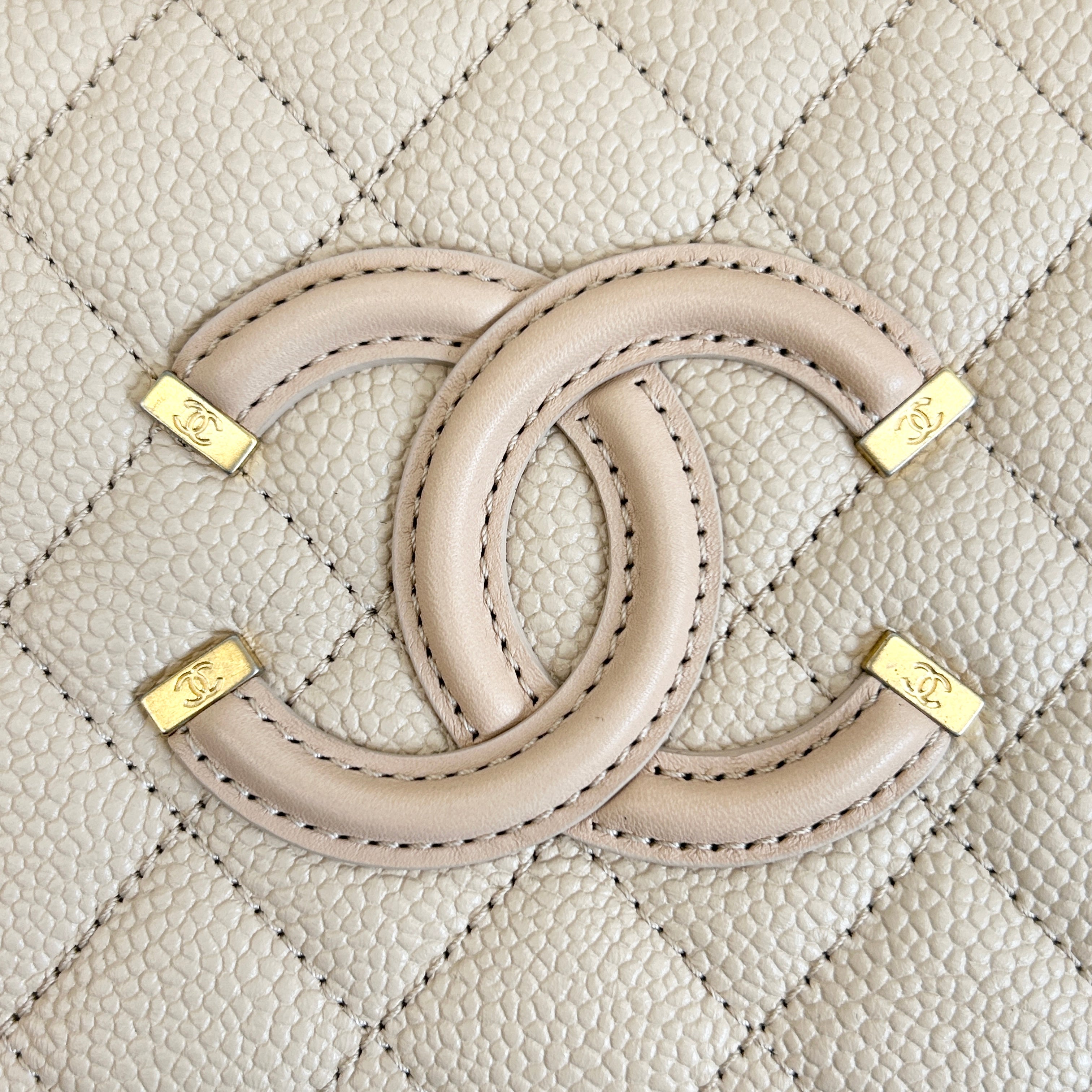 Beige Caviar Quilted Leather Filigree Small Vanity Case Bag - Haute Classics