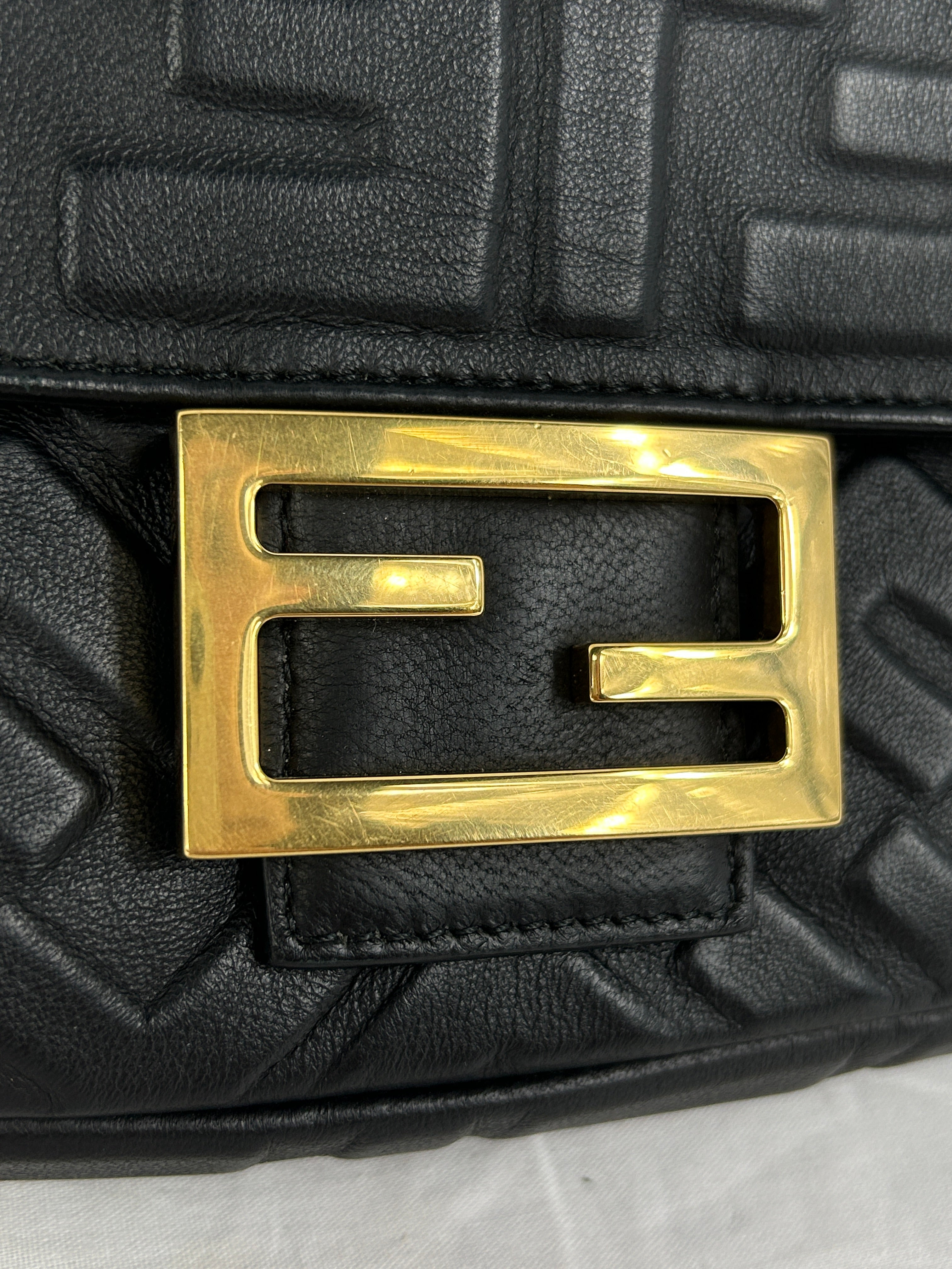Black Embossed Lambskin Leather Baguette Shoulder Bag w/GHW