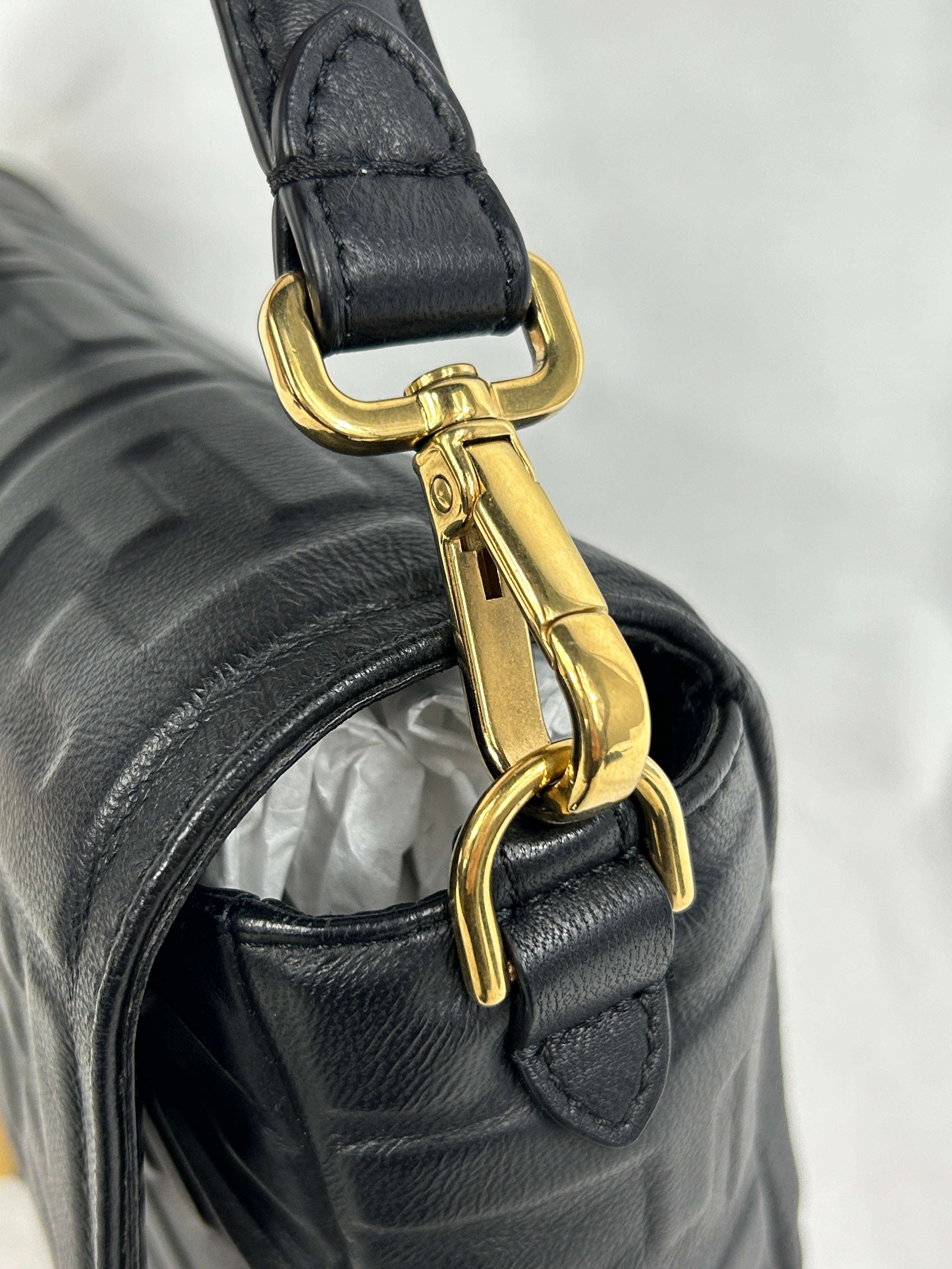 Black Embossed Lambskin Leather Baguette Shoulder Bag w/GHW