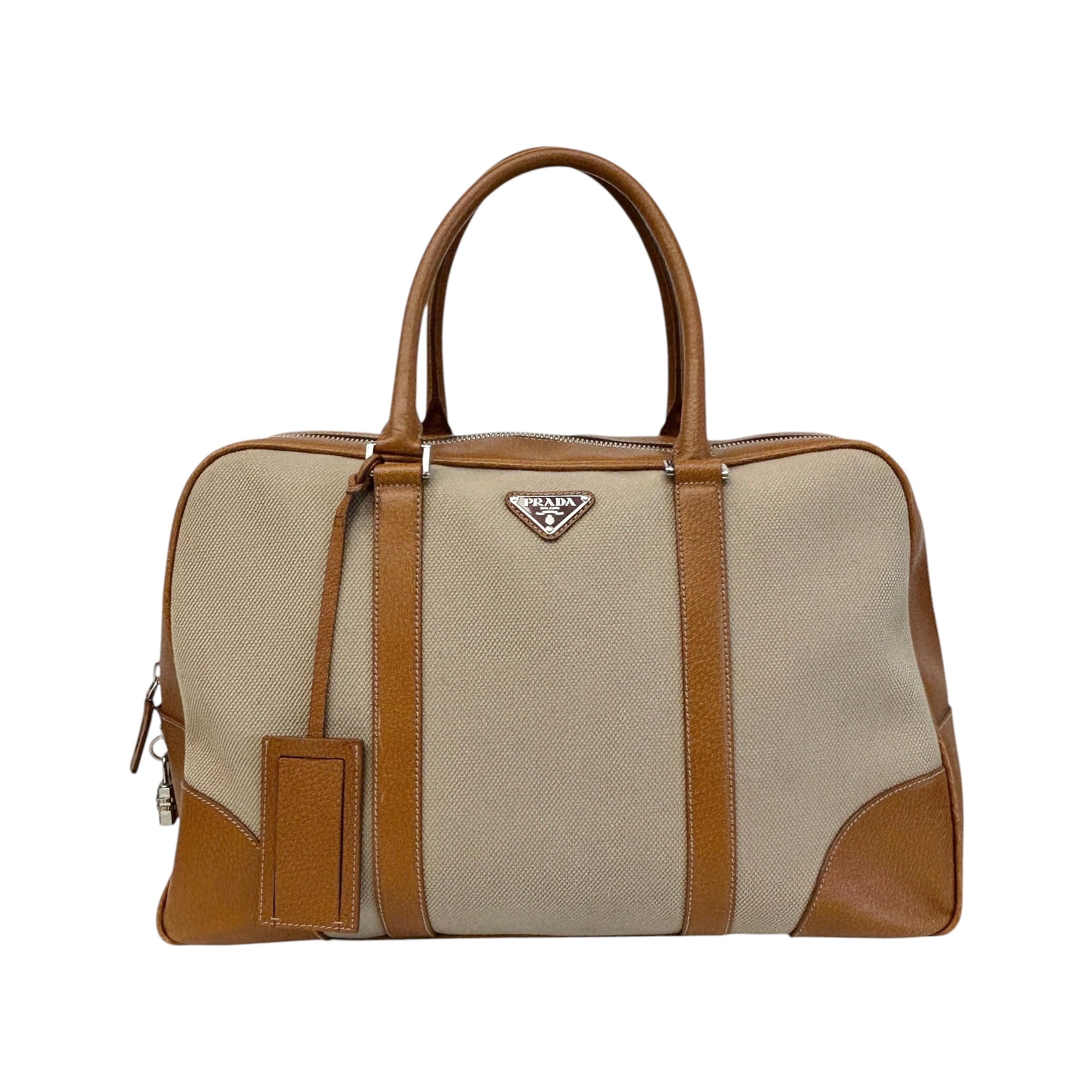 Canvas/Brown Leather Duffle Bag - Haute Classics
