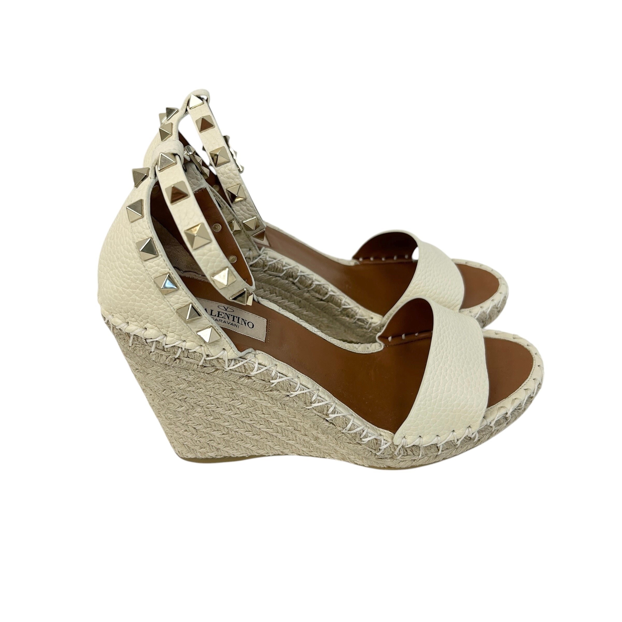 Beige Leather Rockstud Wedge Sandals w/GHW - Haute Classics