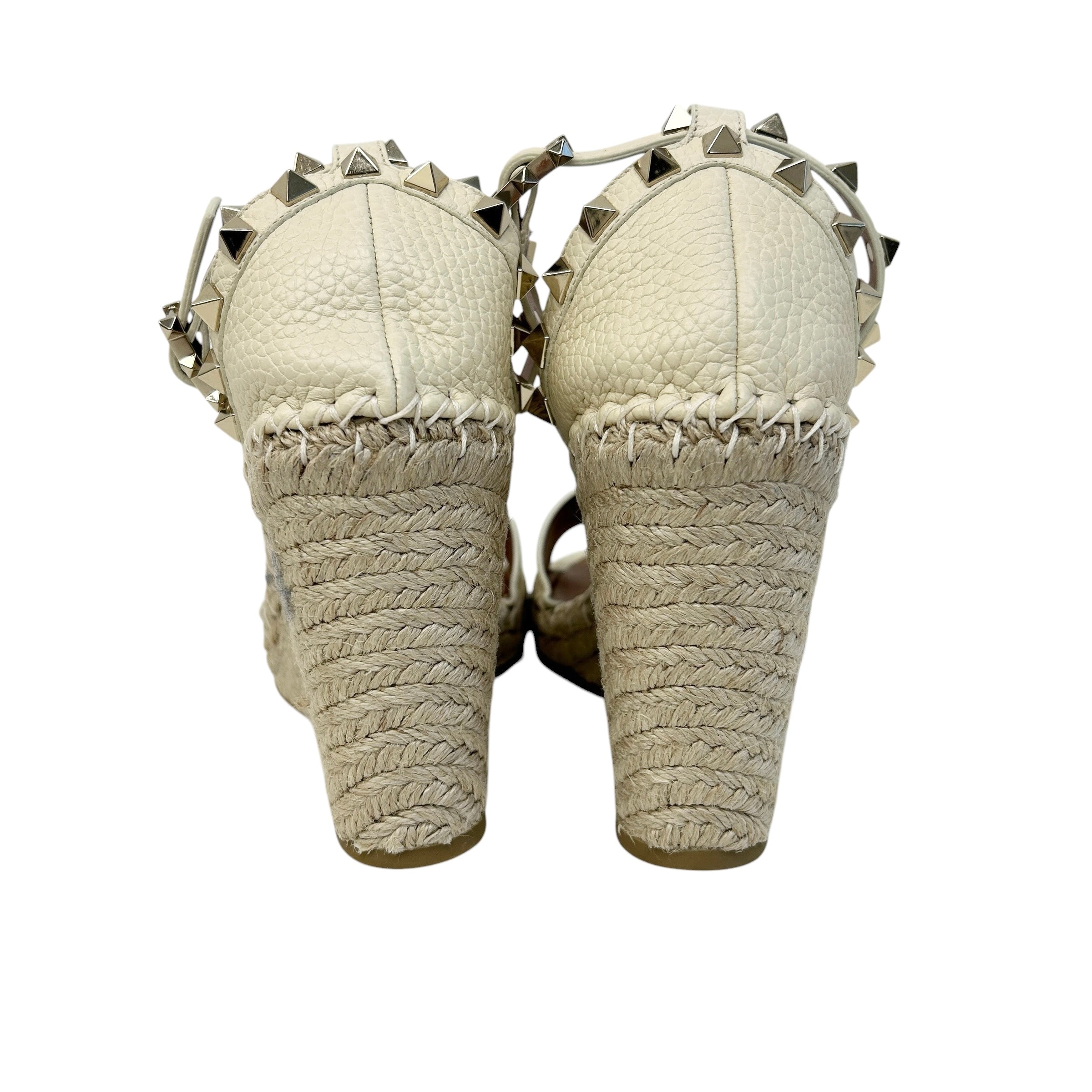 Beige Leather Rockstud Wedge Sandals w/GHW - Haute Classics