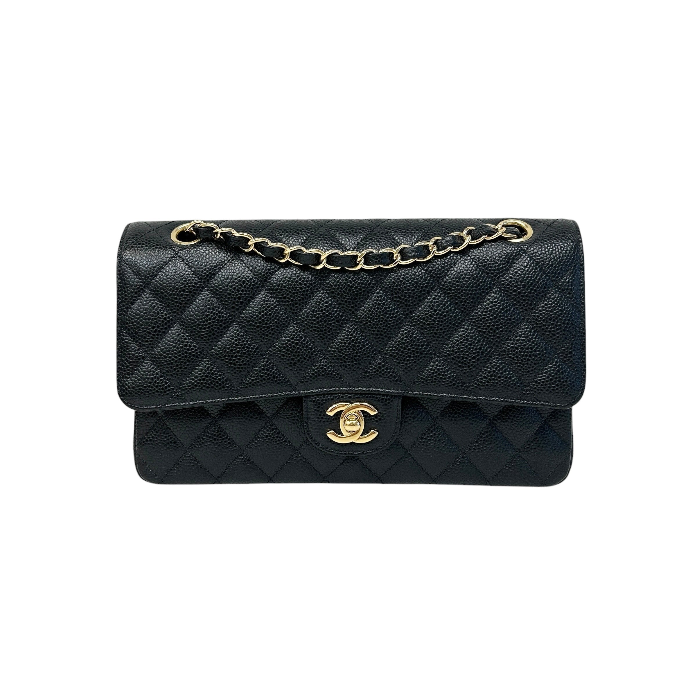 Black Quilted Caviar Leather Classic Medium Double Flap Bag w/GHW