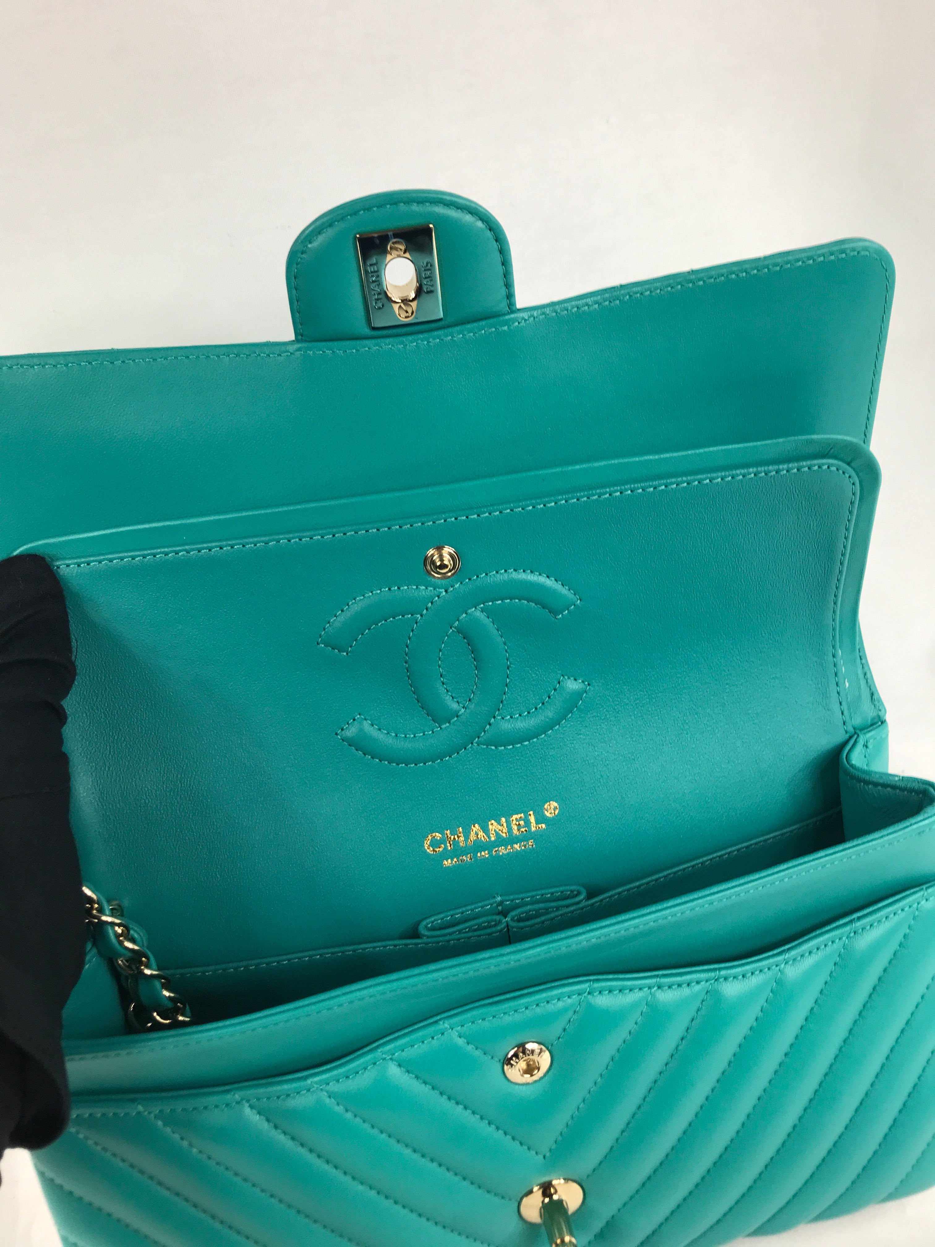 Turquoise Cheveron Lambskin Medium Double Flap W/GHW