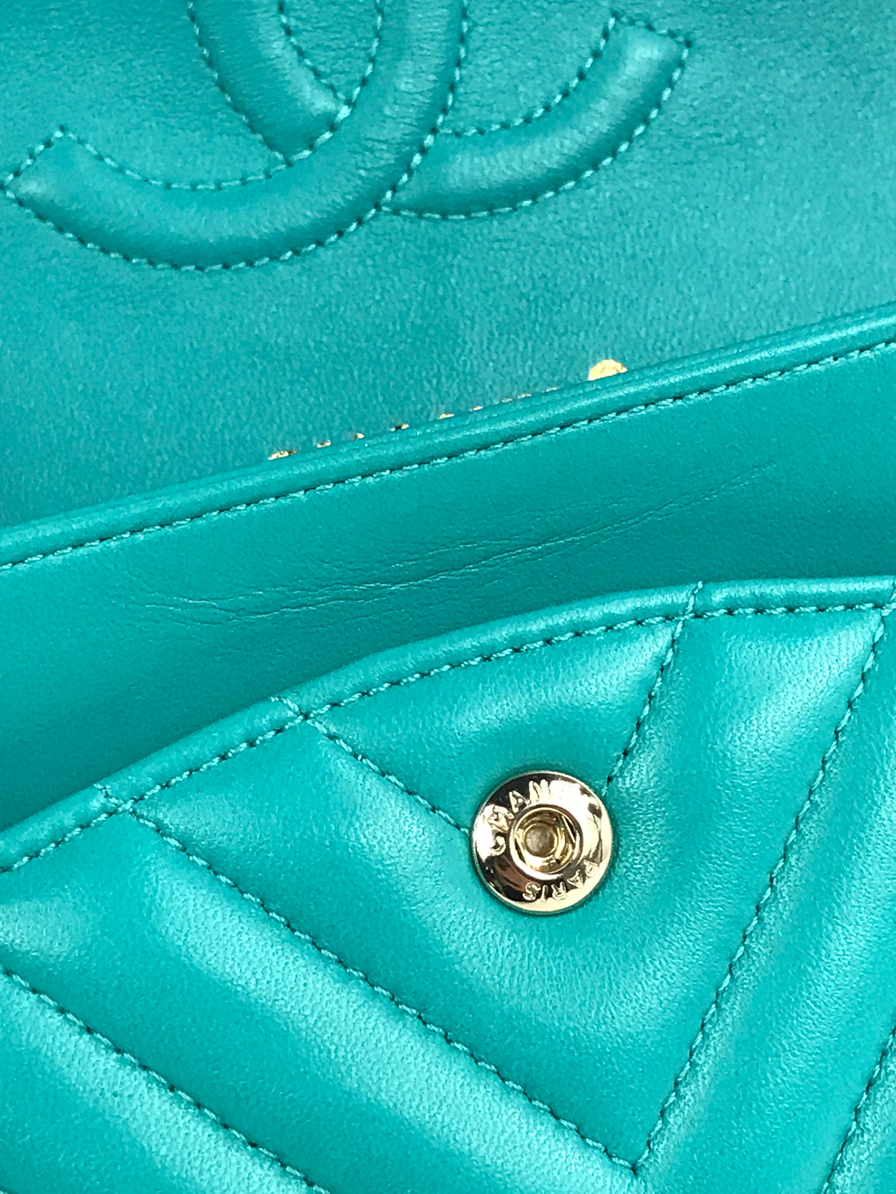 Turquoise Cheveron Lambskin Medium Double Flap W/GHW