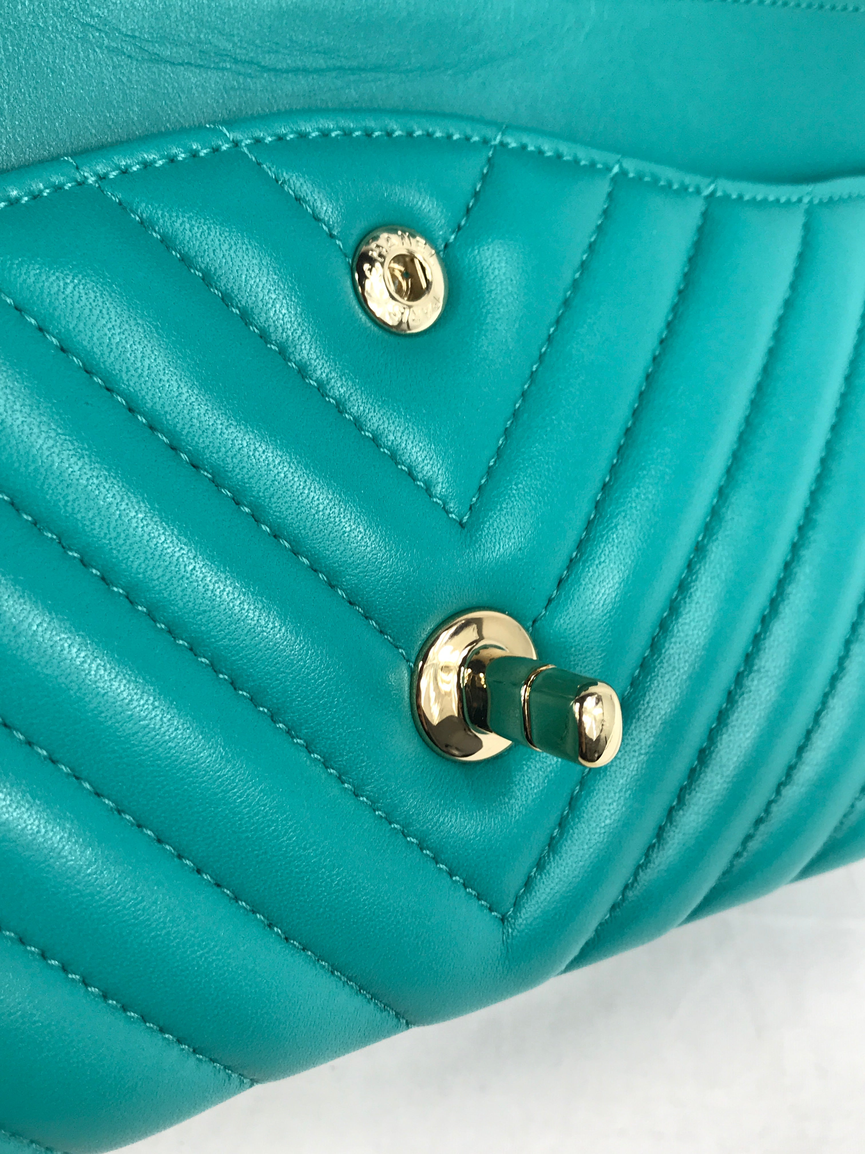 Turquoise Cheveron Lambskin Medium Double Flap W/GHW
