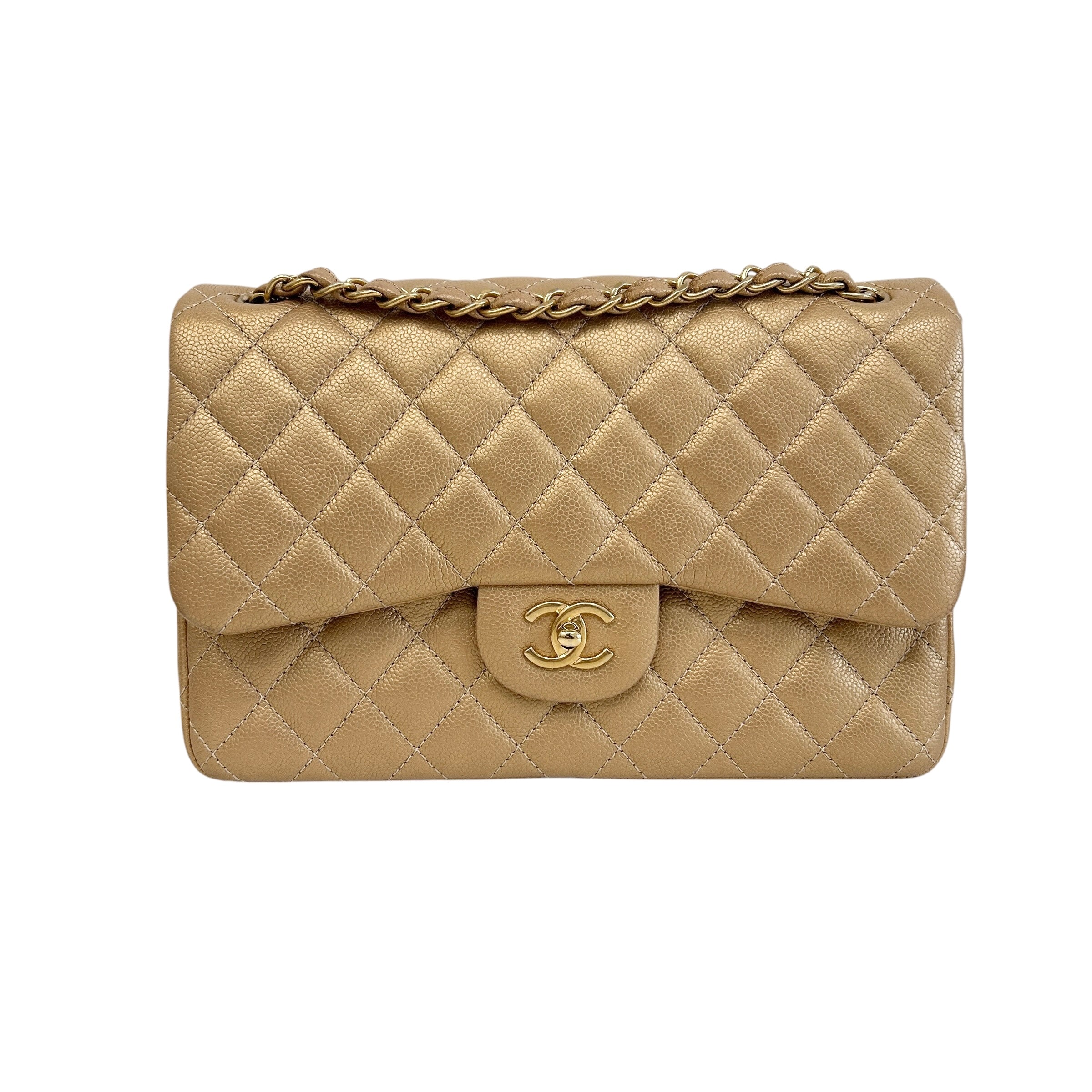 Metallic Gold Quilted Caviar Leather Classic Jumbo Double Flap Bag w/GHW
