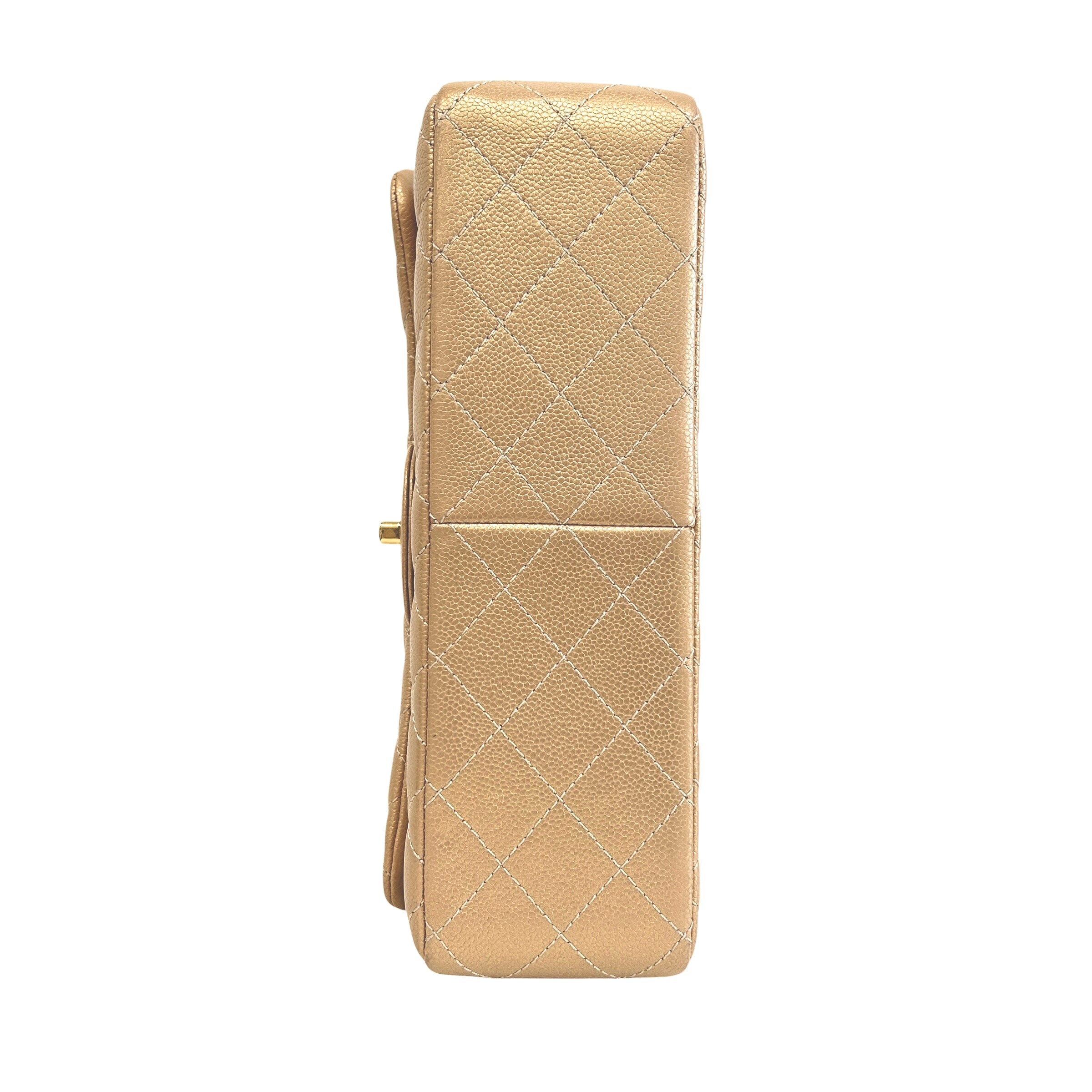 Metallic Gold Quilted Caviar Leather Classic Jumbo Double Flap Bag w/GHW - Haute Classics