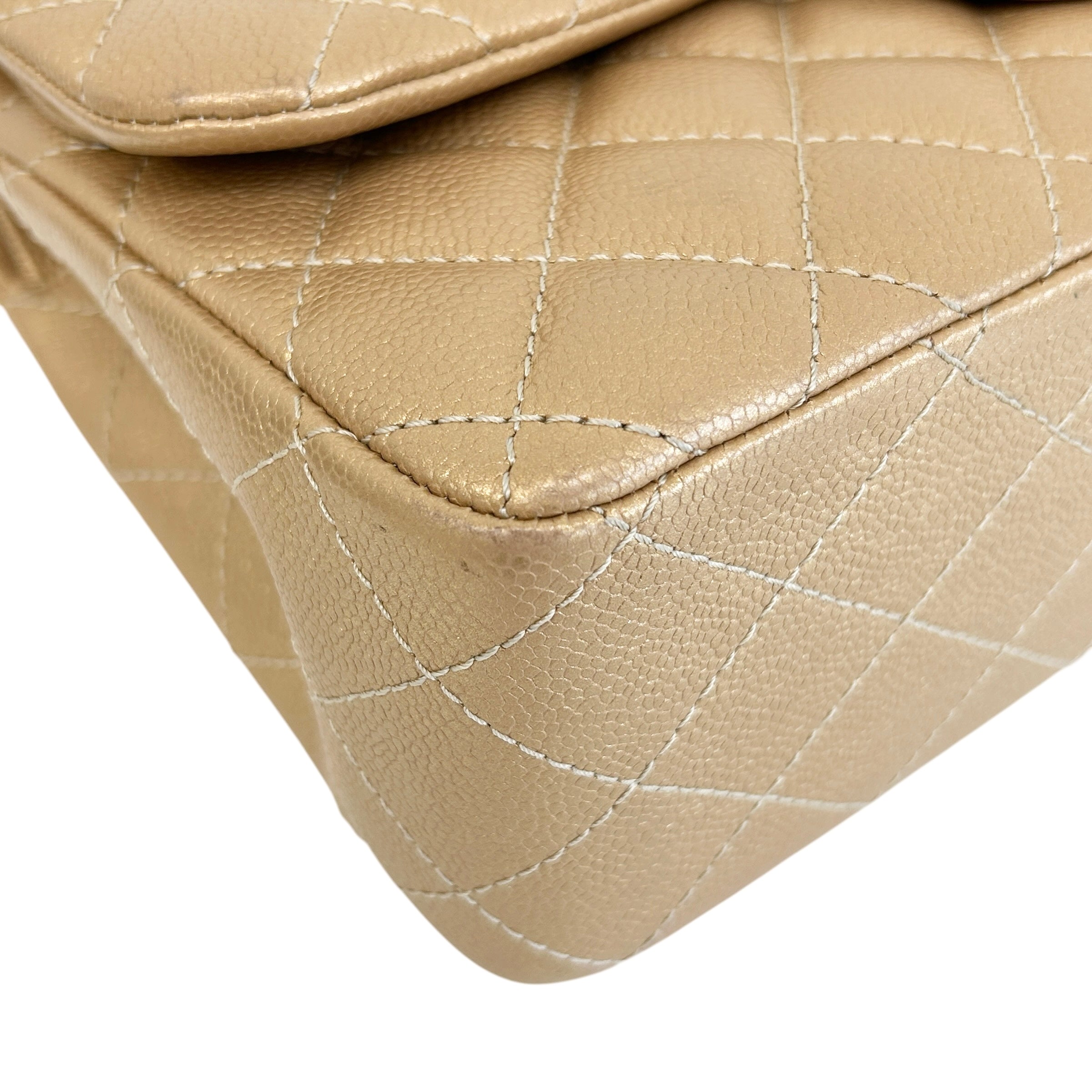 Metallic Gold Quilted Caviar Leather Classic Jumbo Double Flap Bag w/GHW - Haute Classics