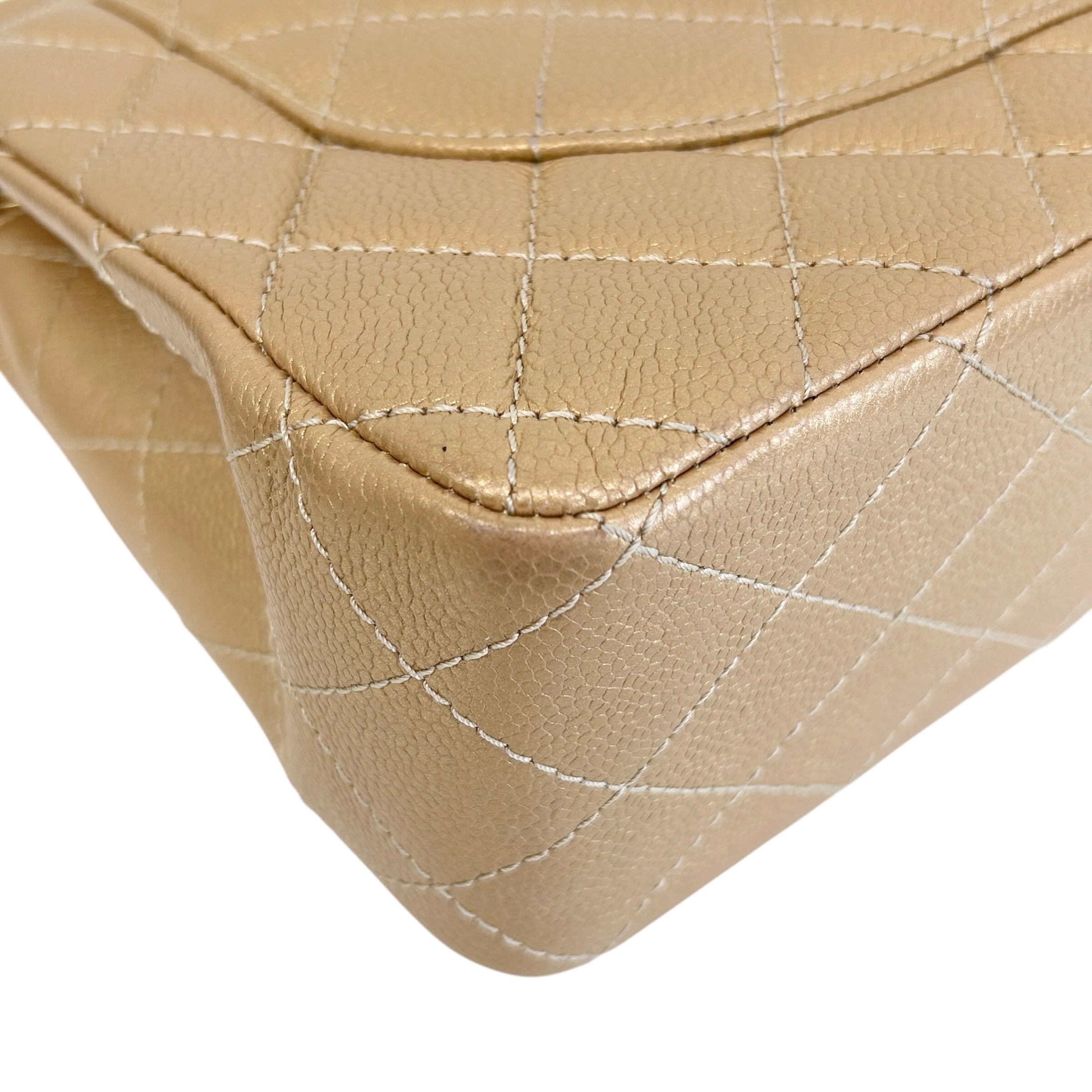 Metallic Gold Quilted Caviar Leather Classic Jumbo Double Flap Bag w/GHW - Haute Classics