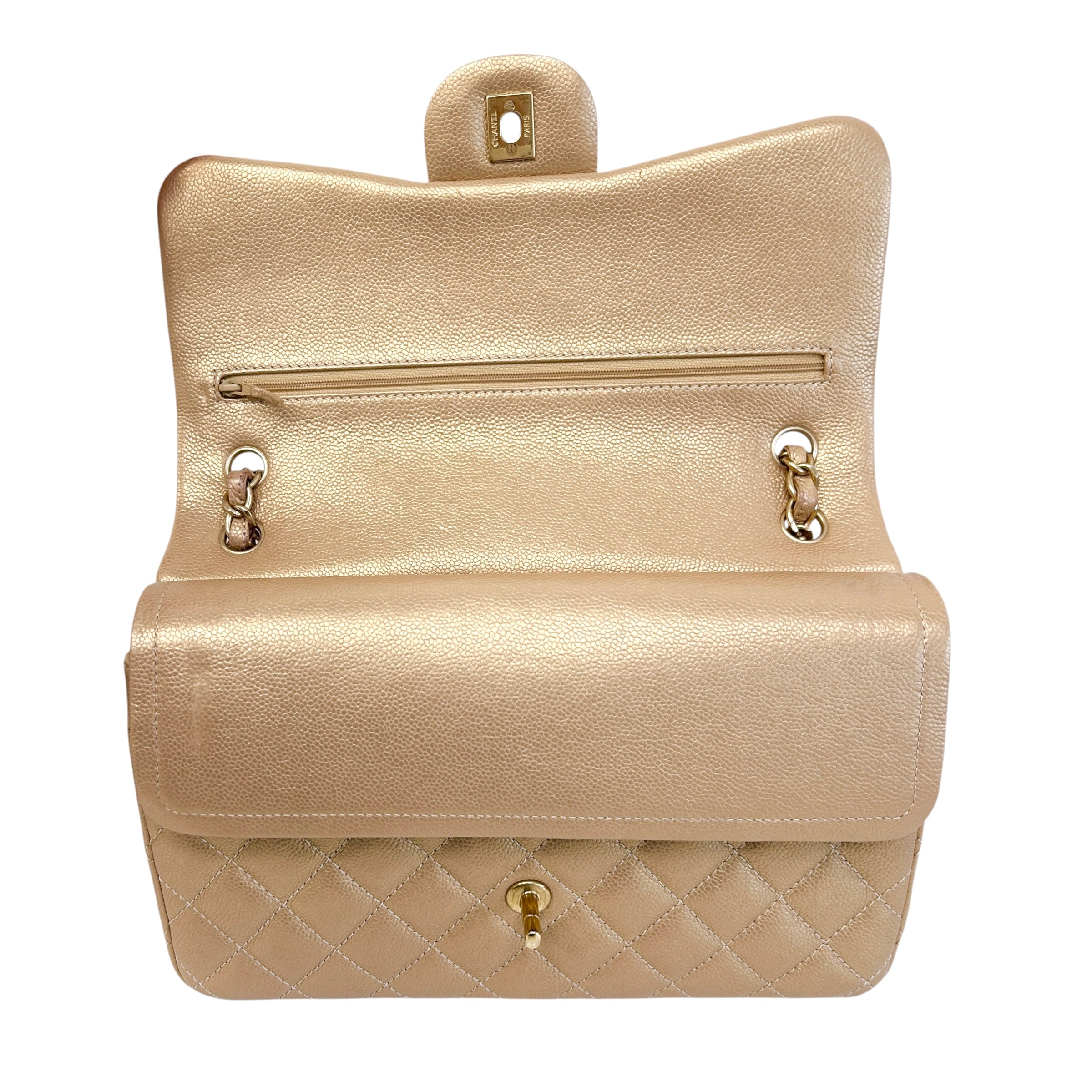 Metallic Gold Quilted Caviar Leather Classic Jumbo Double Flap Bag w/GHW - Haute Classics
