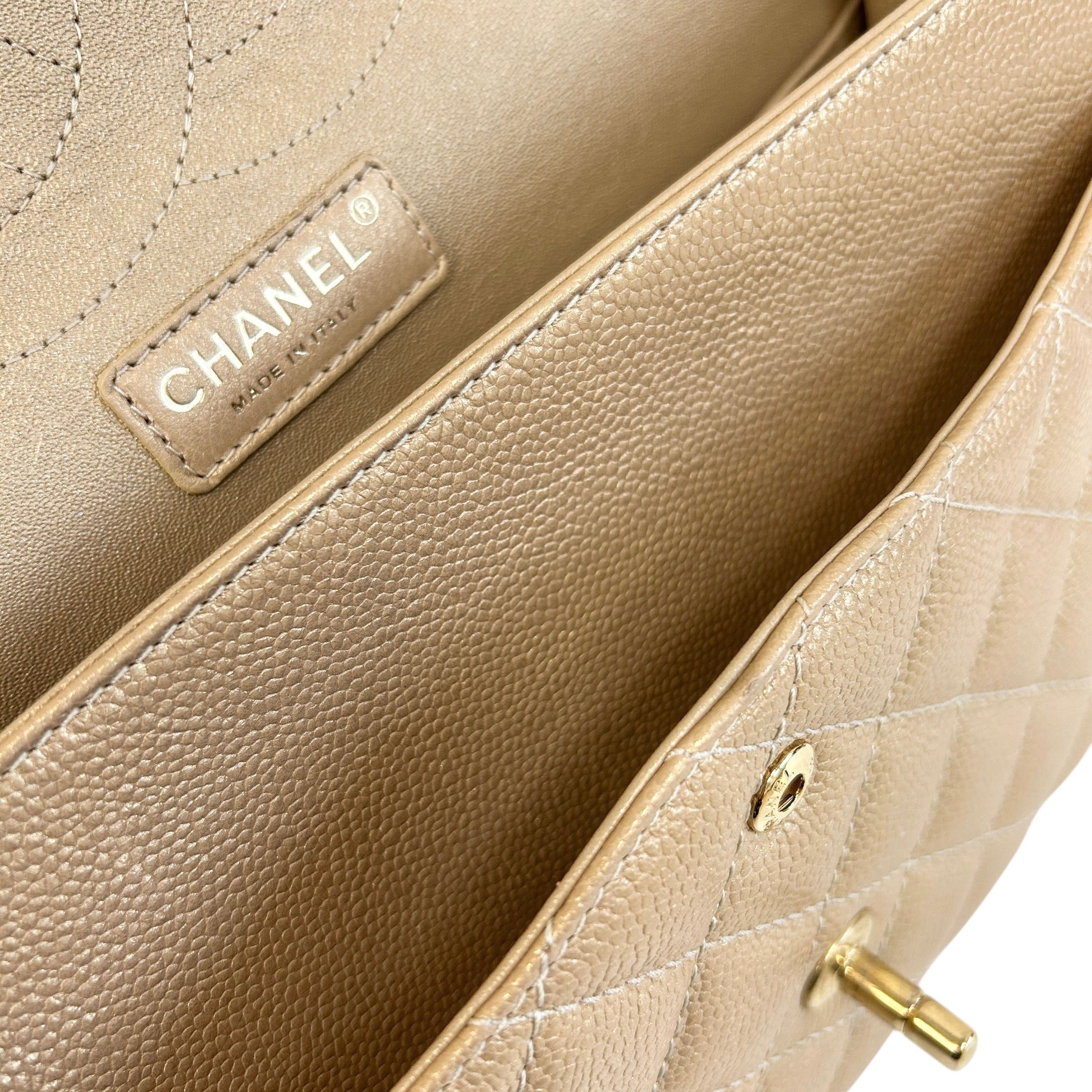 Metallic Gold Quilted Caviar Leather Classic Jumbo Double Flap Bag w/GHW - Haute Classics