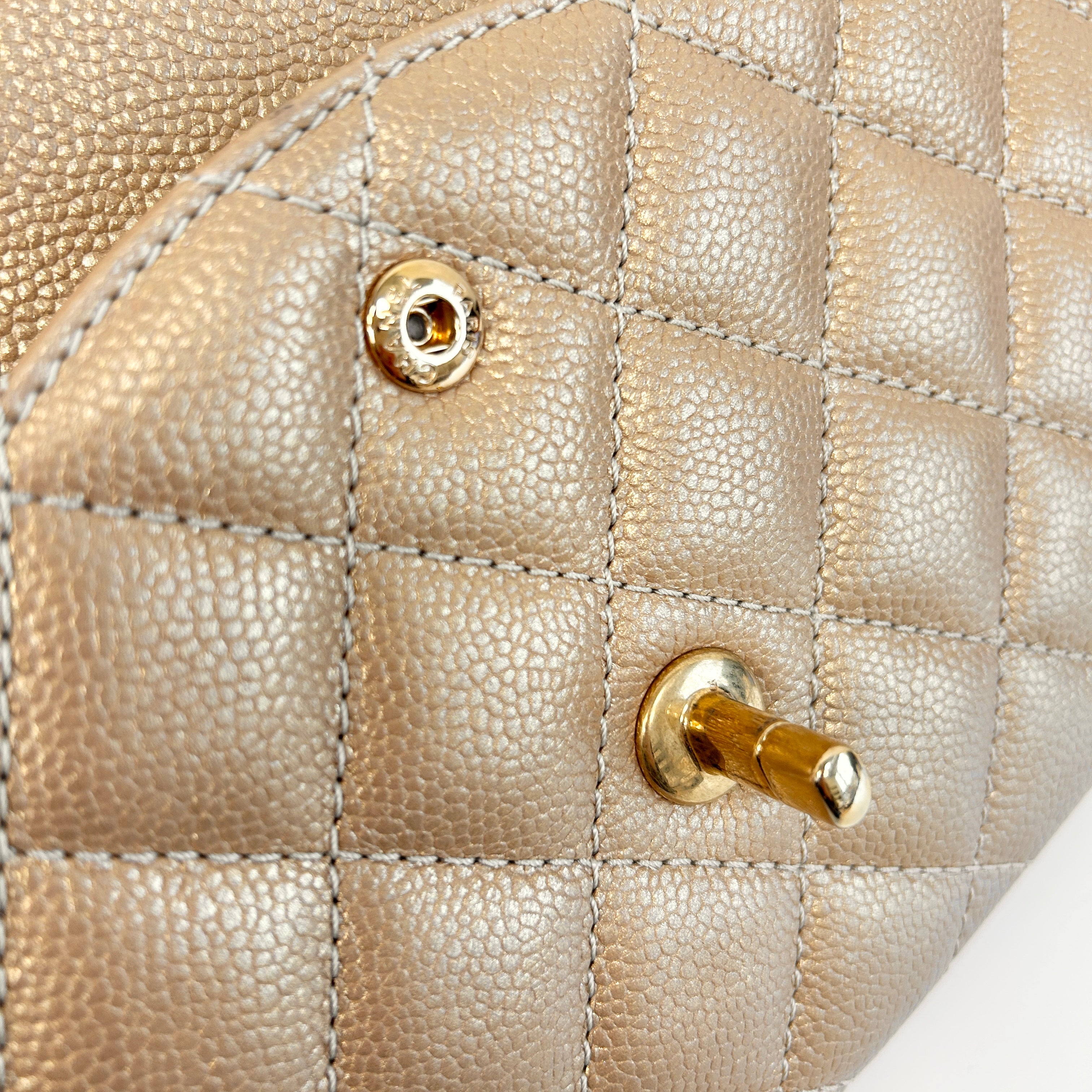 Metallic Gold Quilted Caviar Leather Classic Jumbo Double Flap Bag w/GHW - Haute Classics