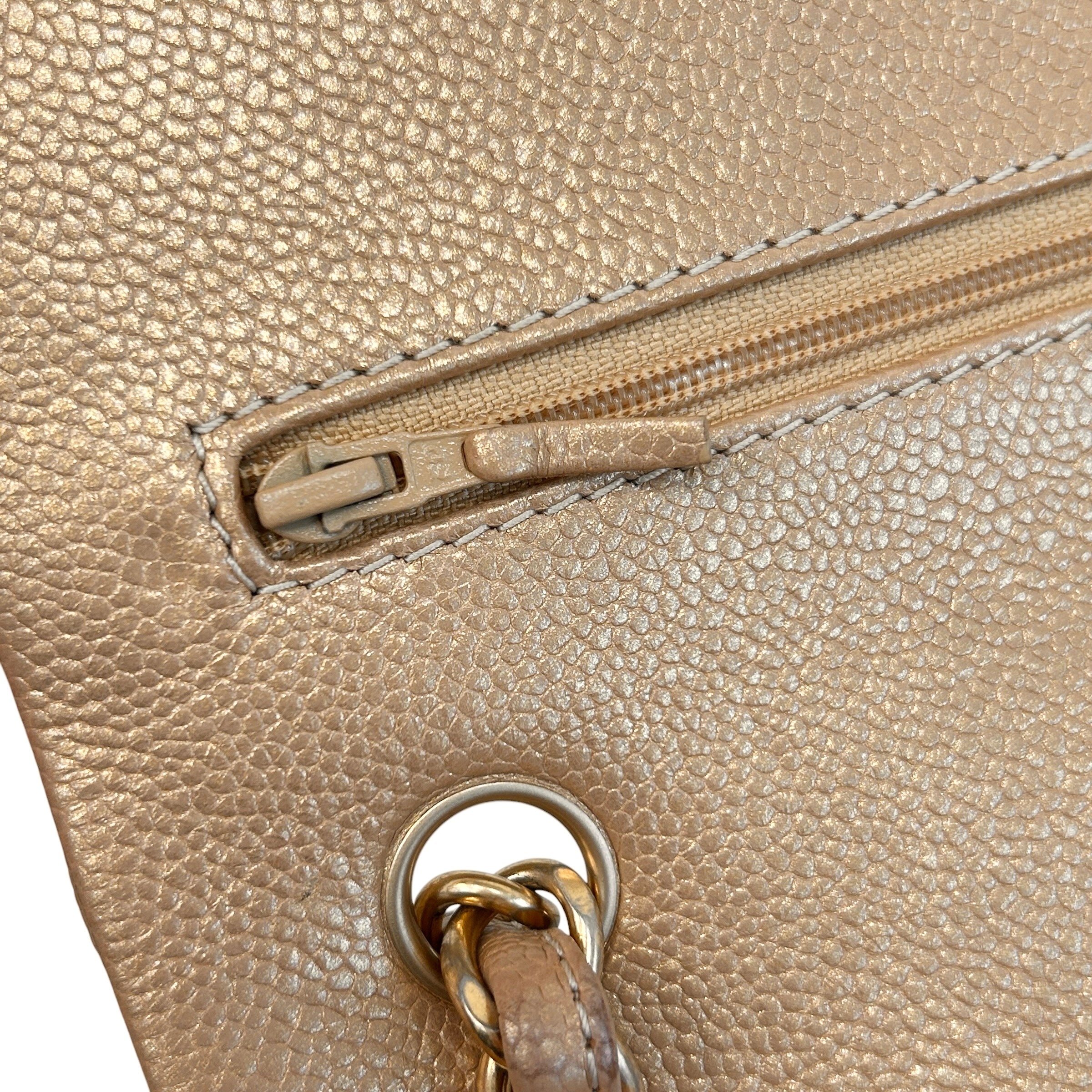 Metallic Gold Quilted Caviar Leather Classic Jumbo Double Flap Bag w/GHW - Haute Classics
