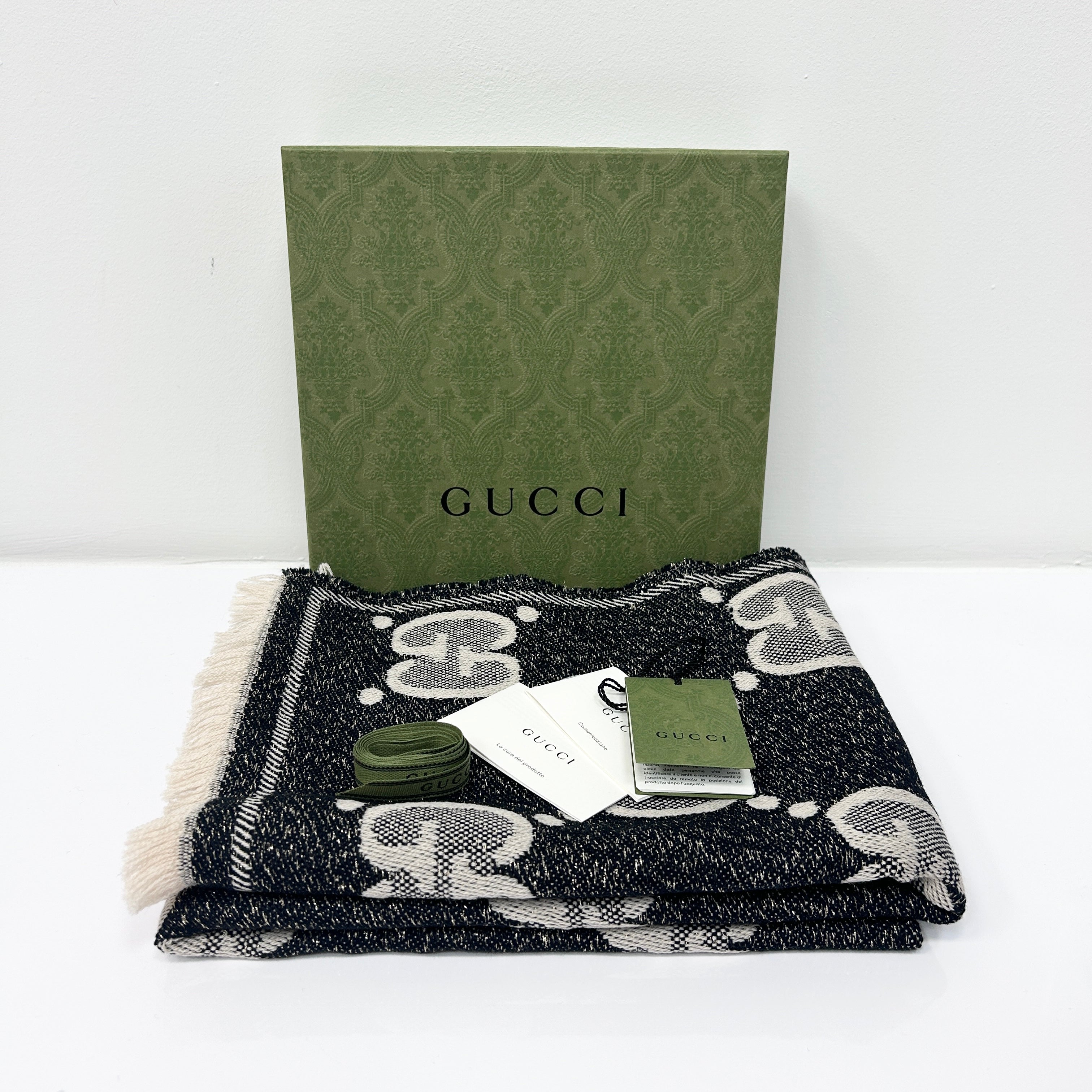 Grey/Beige/Gold GG Jacquard Wool Scarf