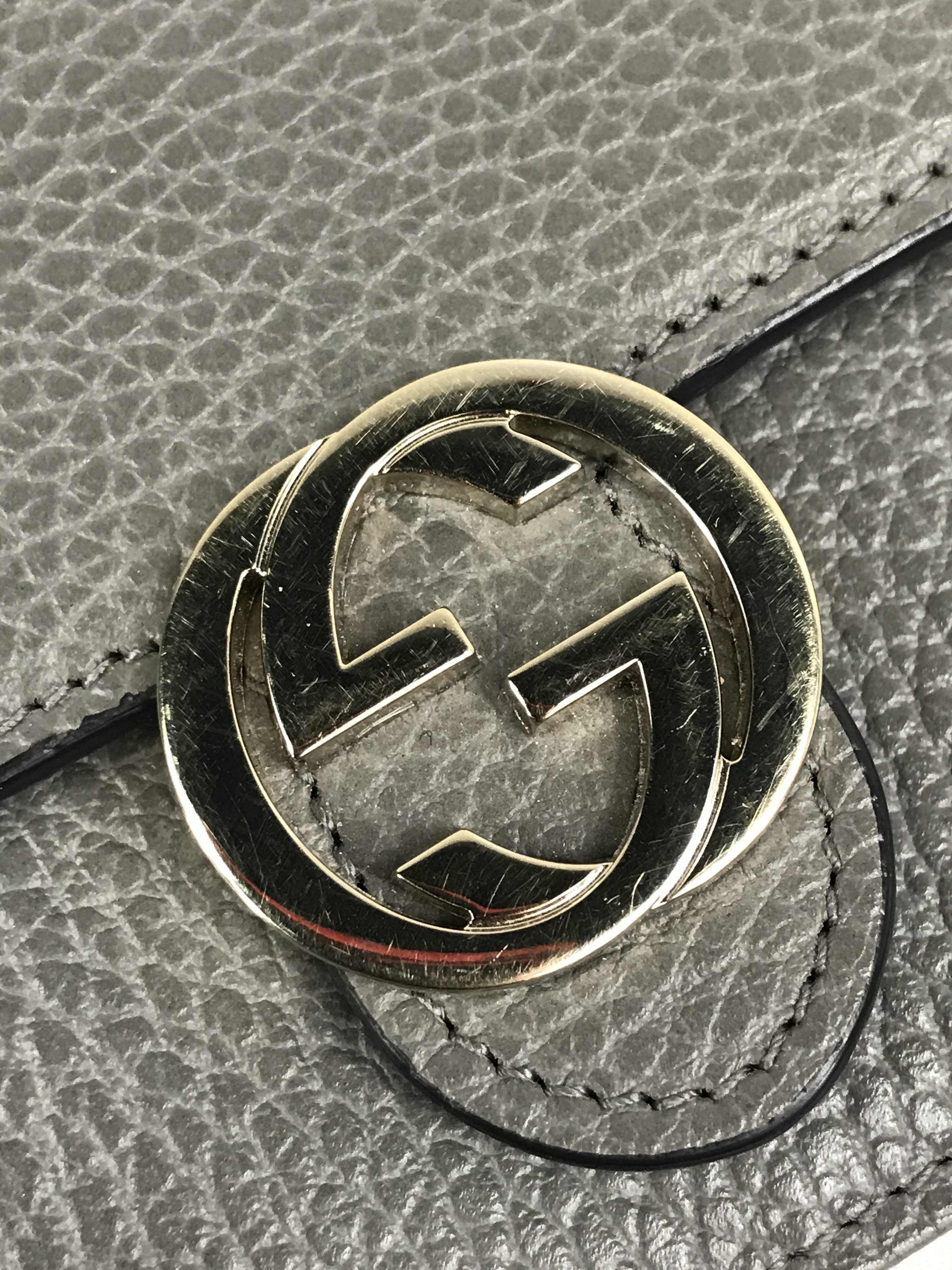 Dove Grey Grained Calfskin Leather Dollar Interlocking GG Wallet On Chain w/GHW