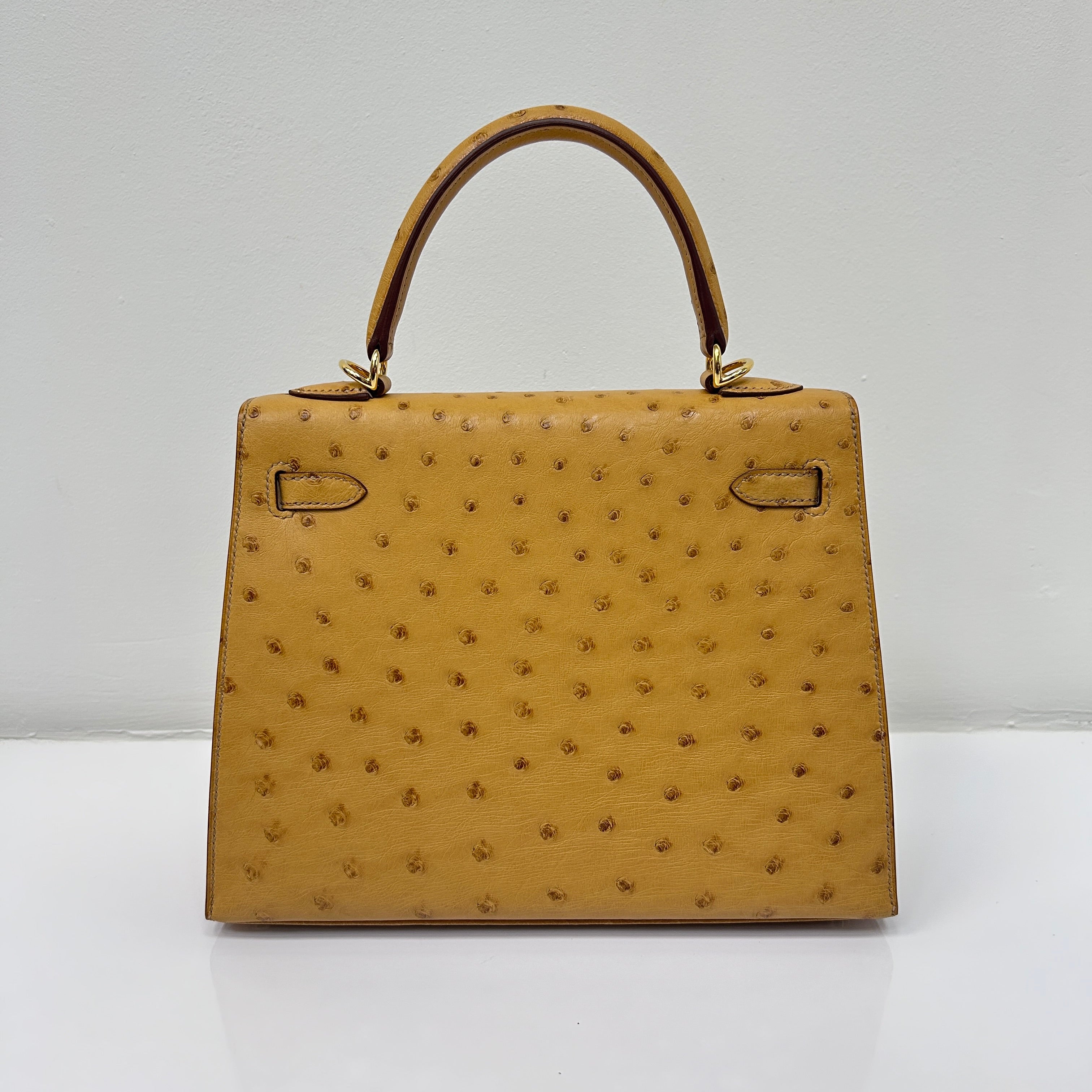 Tabac-Camel Ostrich Leather Kelly Sellier 25 Bag w/GHW