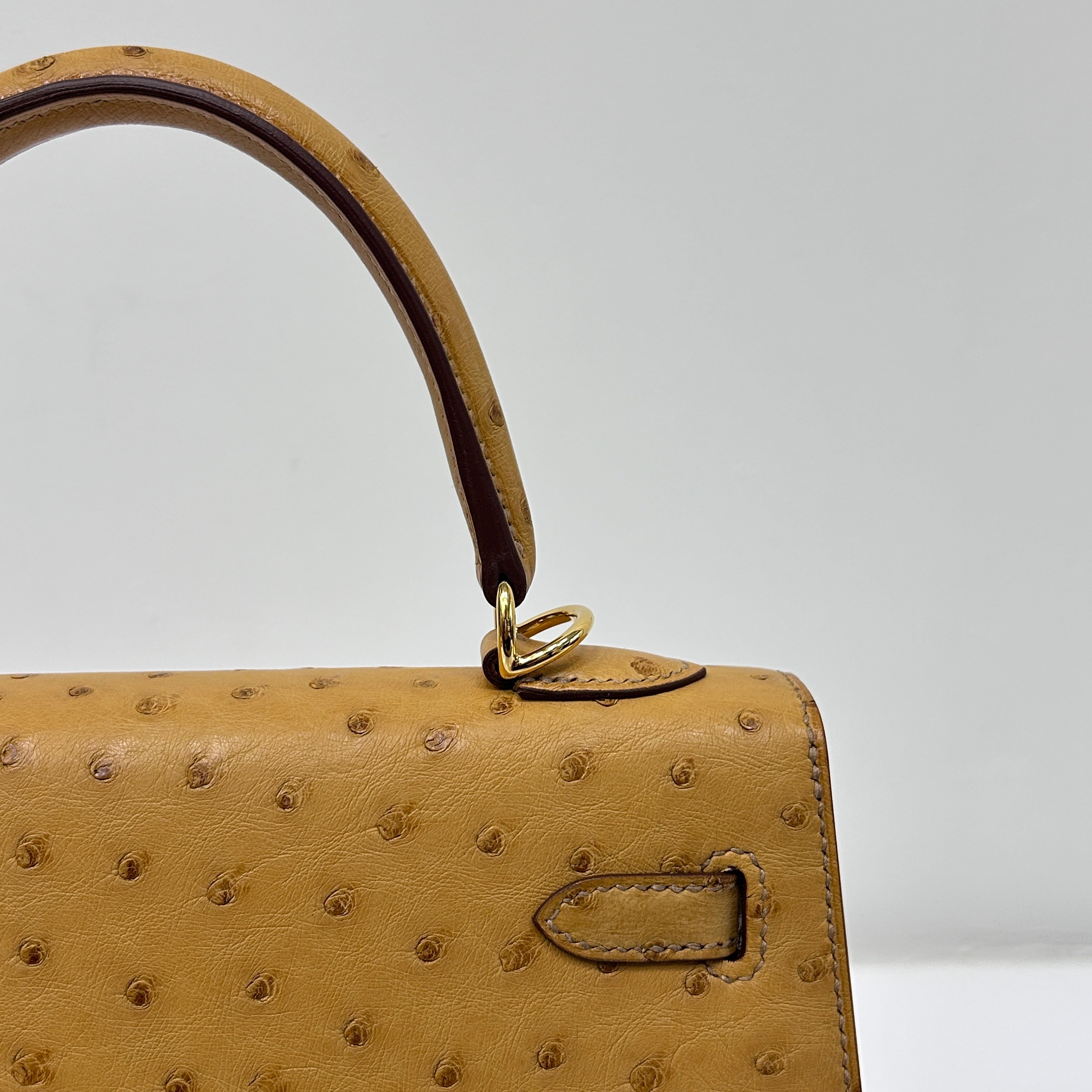 Tabac-Camel Ostrich Leather Kelly Sellier 25 Bag w/GHW