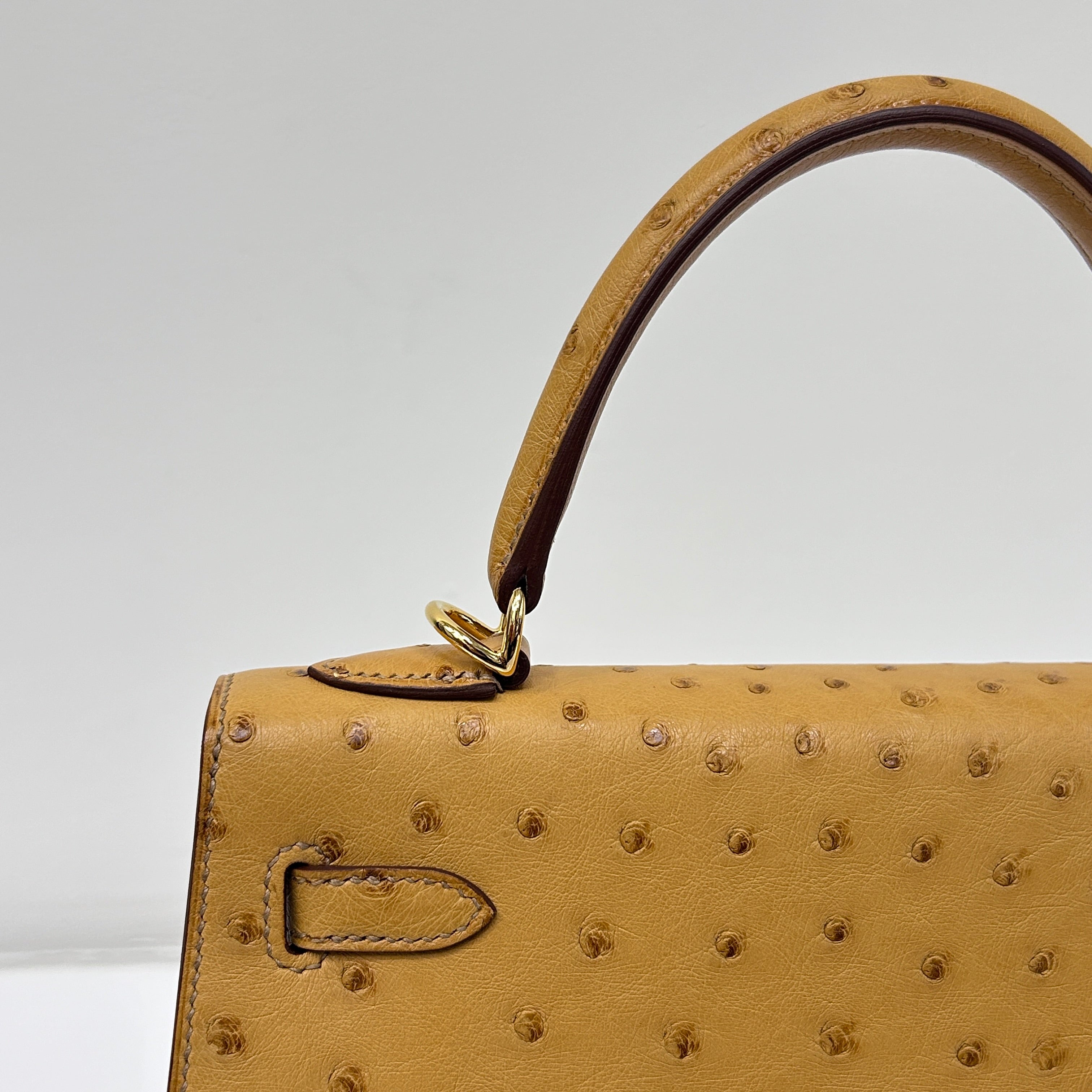 Tabac-Camel Ostrich Leather Kelly Sellier 25 Bag w/GHW